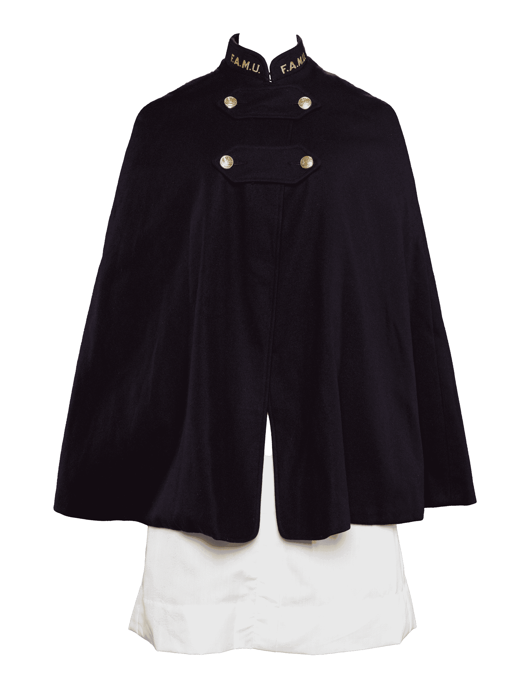 A blue cape with gold buttons and an embroidered collar that says F.A.M.U.  There is a a white uniform underneath the cape.