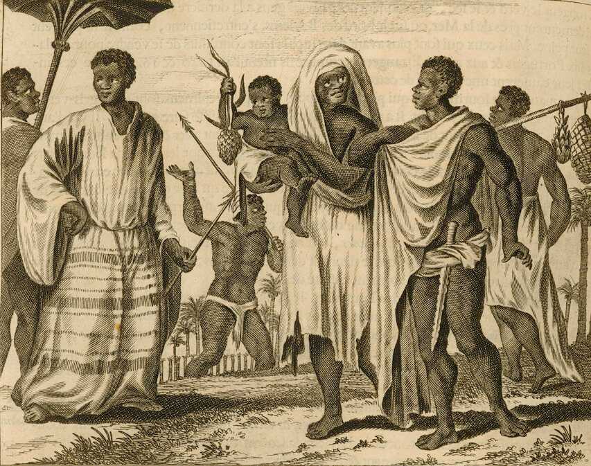 A drawing of the Wolof community. Many are draped in cloths while walking with fruits and other items.