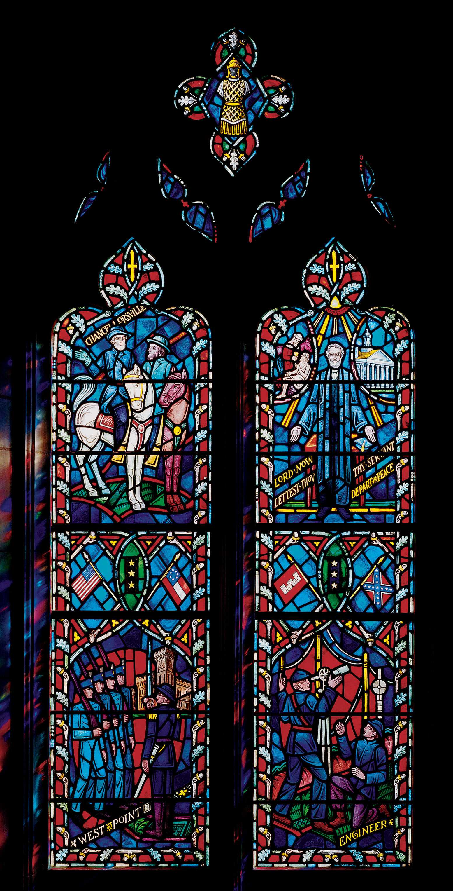 Double pained stained glass window glorifying the life of Confederate General Robert E. Lee.  There are four different scenes depicting his life as Engineer, West Point, Chancellorsville and him in Eternal Life