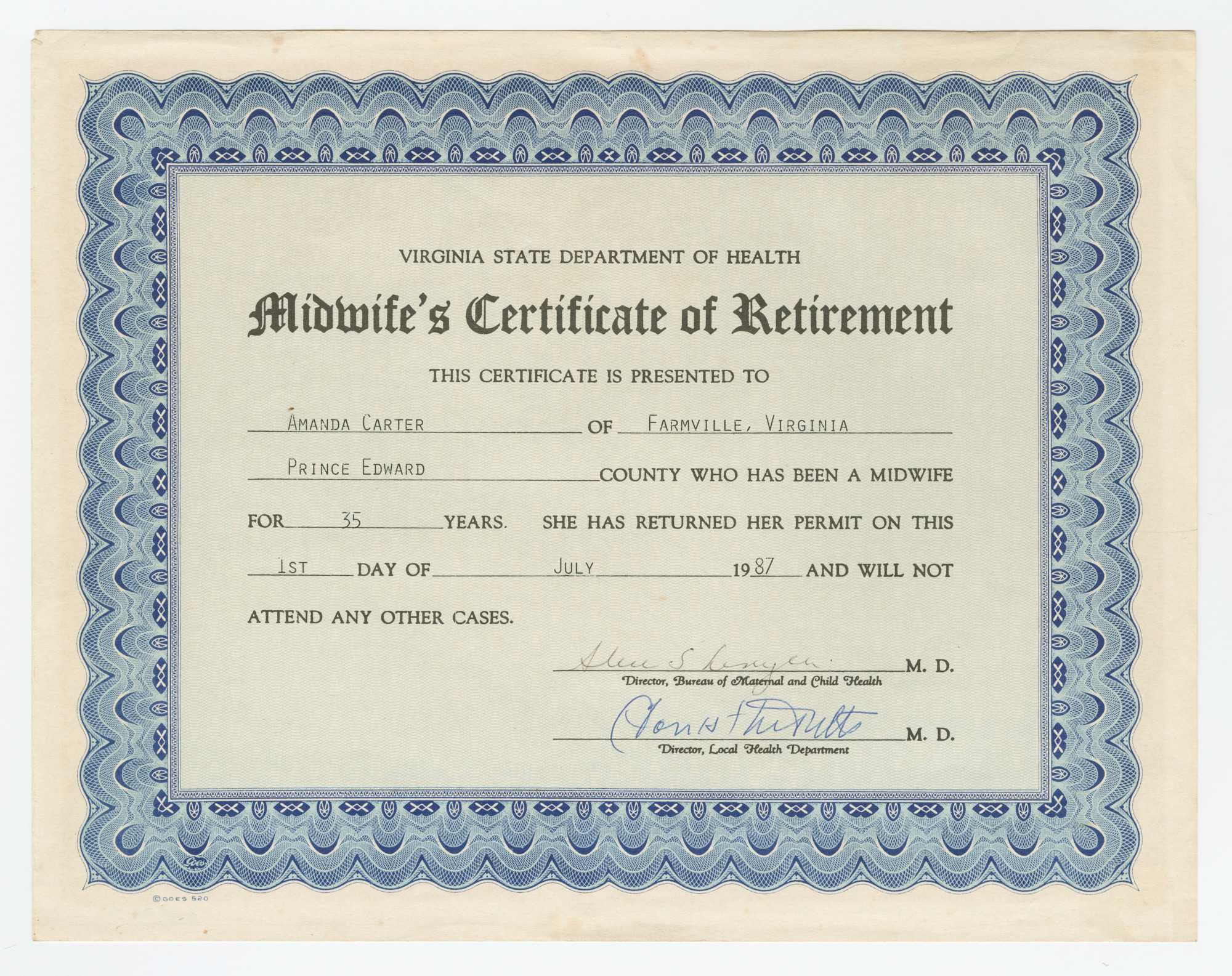 A "Midwife's Certificate of Retirement" issued by the Virginia State Department of Health to Amanda Carter.