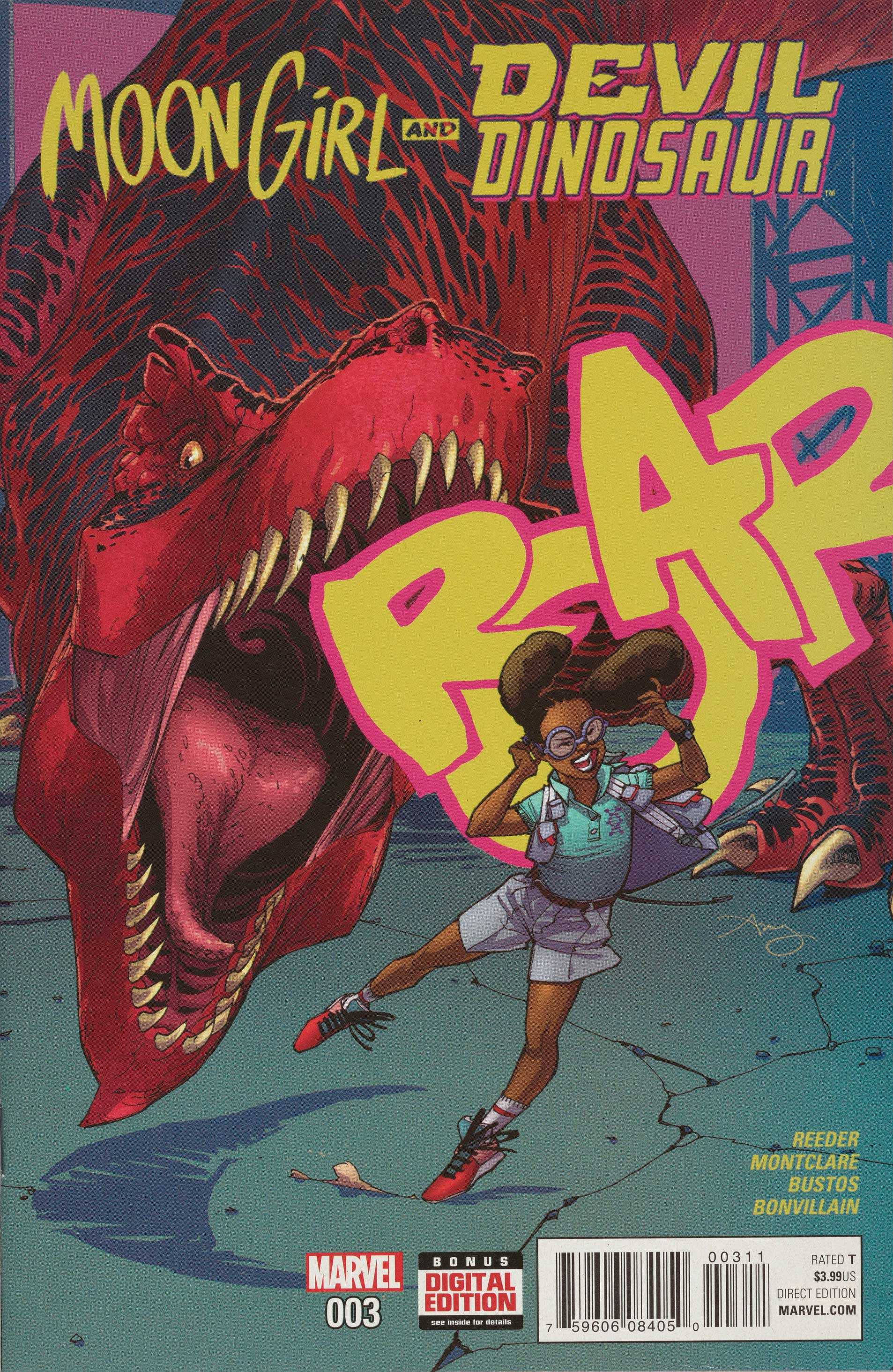 A cover of Moon Girl and the Devil Dinosaur. Moon girl looks as if she is gracefully flauing while the Sinosaur rawrs in the back.