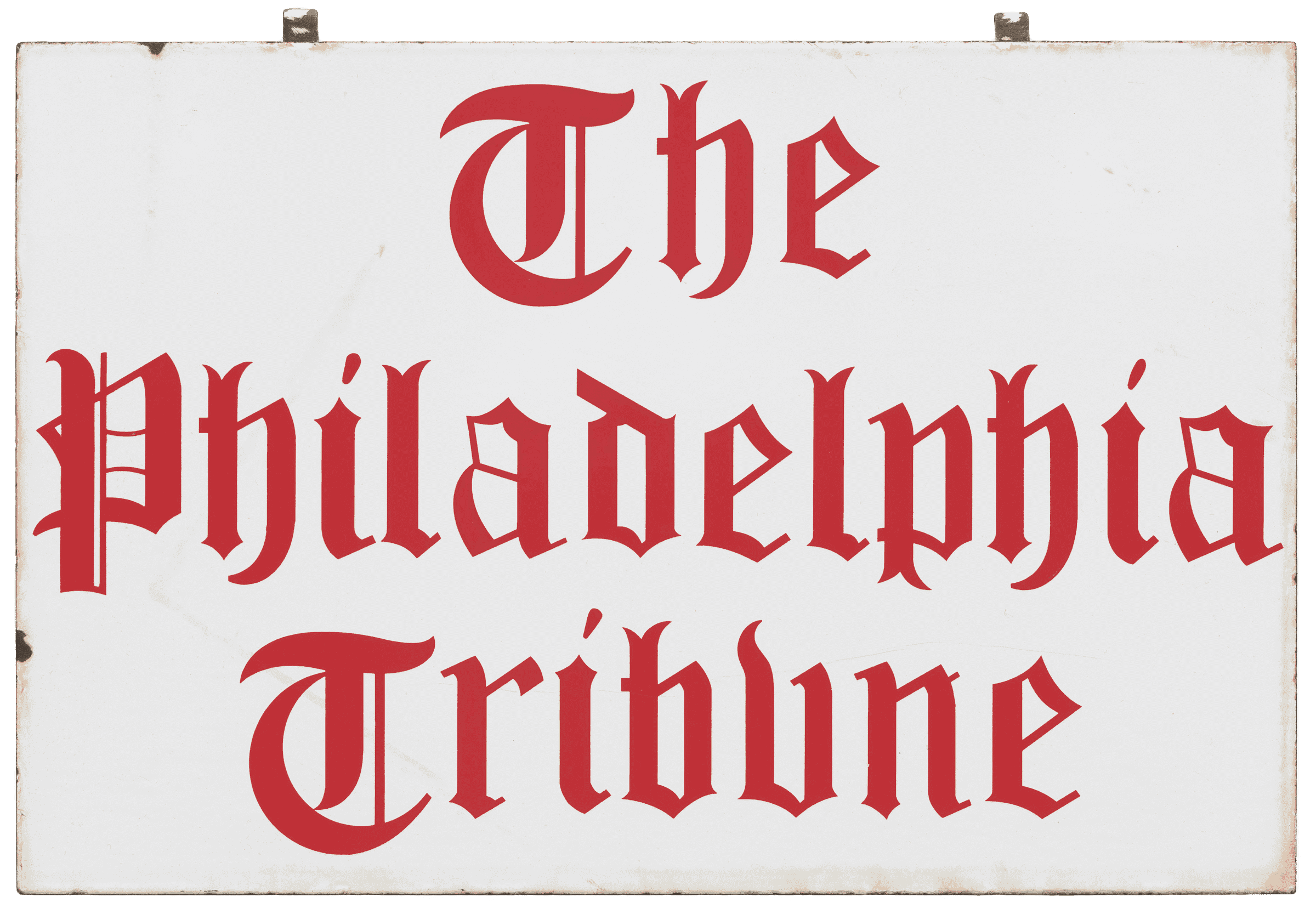 White porcelain covered metal sign with red lettering that reads [The / Philadelphia / Tribune].