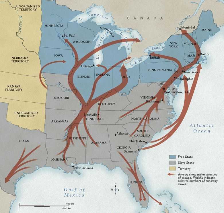 Map with illustration of Underground Railroad routes