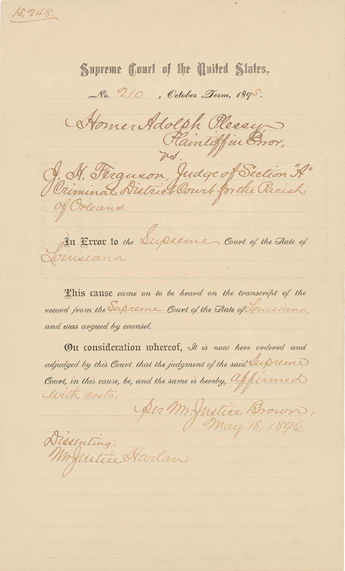 Plessy vs. Ferguson judgement document