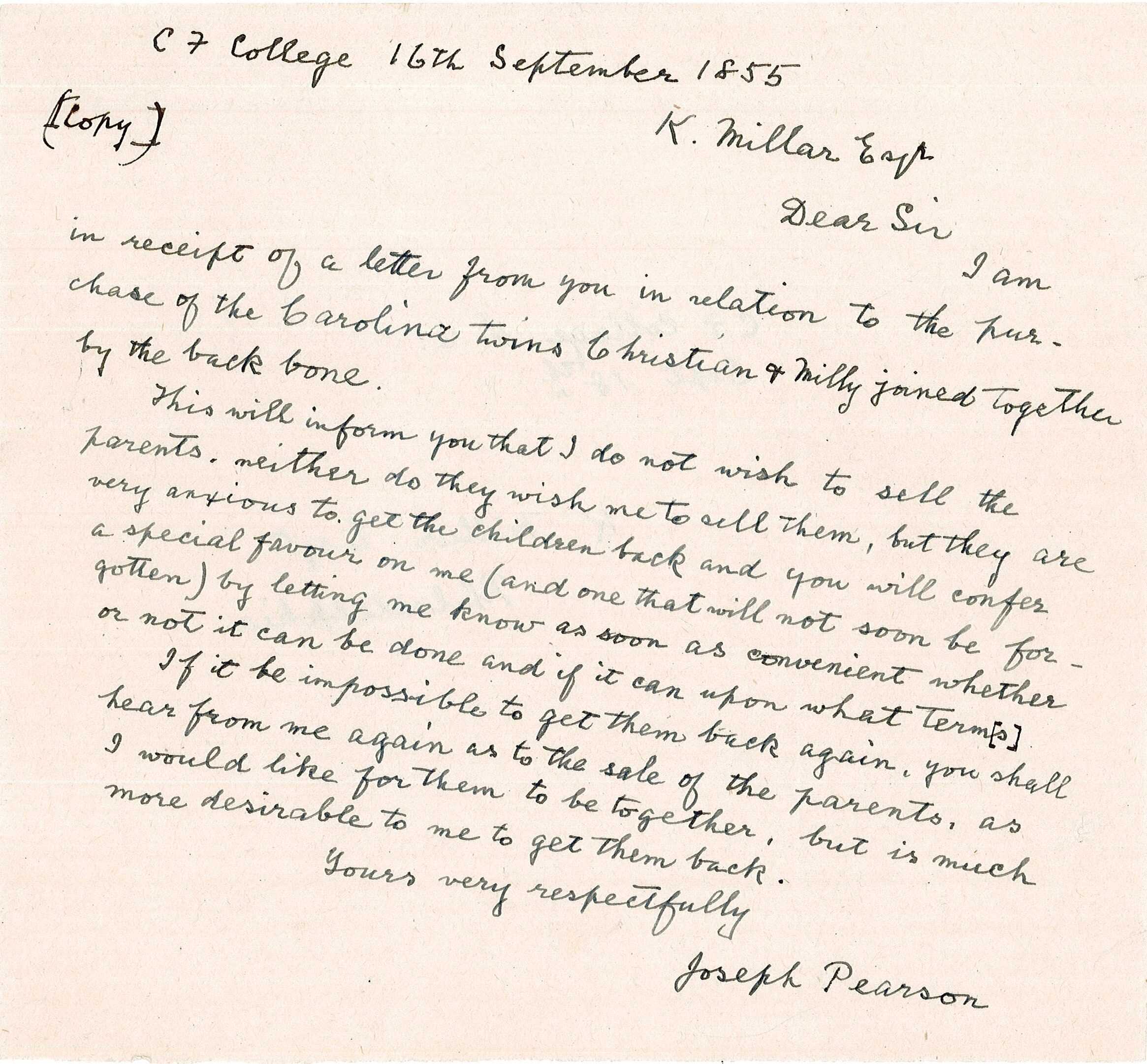 A handwritten letter in cursive. It is dated "16th September 1855" and signed by Joseph Pearson.