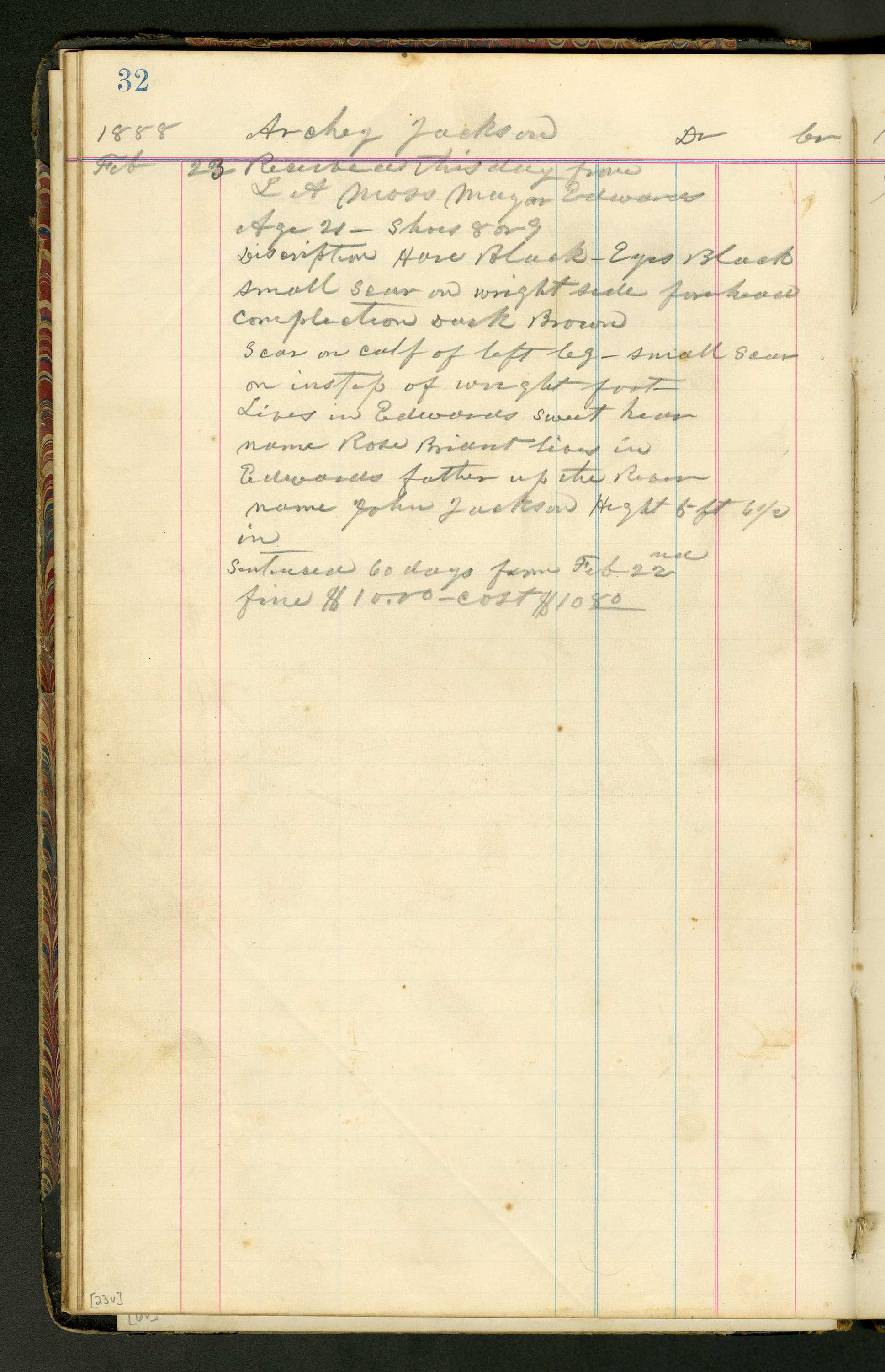 Page 32 of a ledger book. It is yellow lined and the top is filled out with curve writing in pencil.