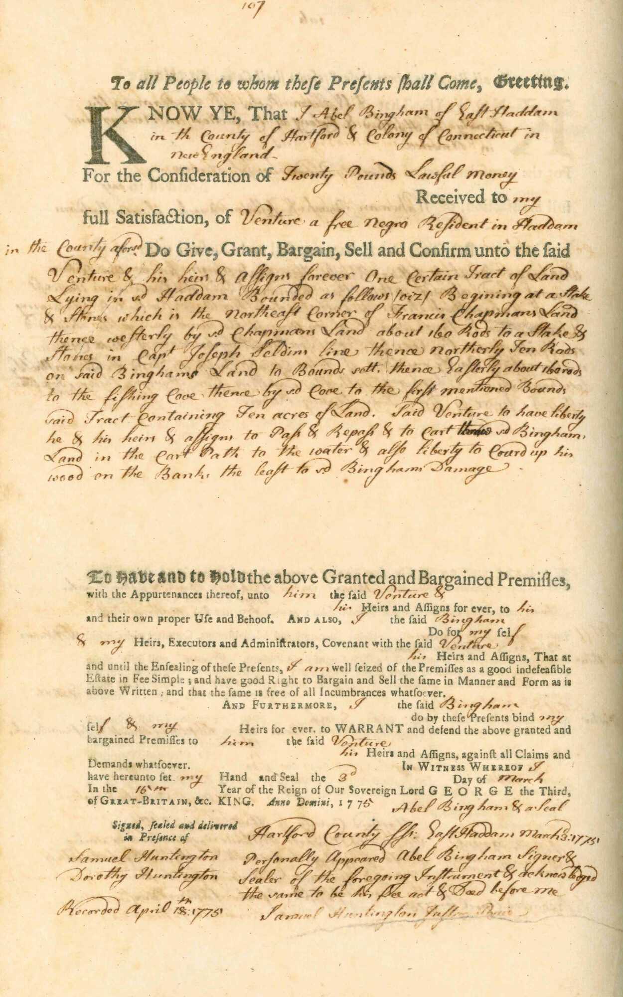 Image of Venture Smith’s Land Deed