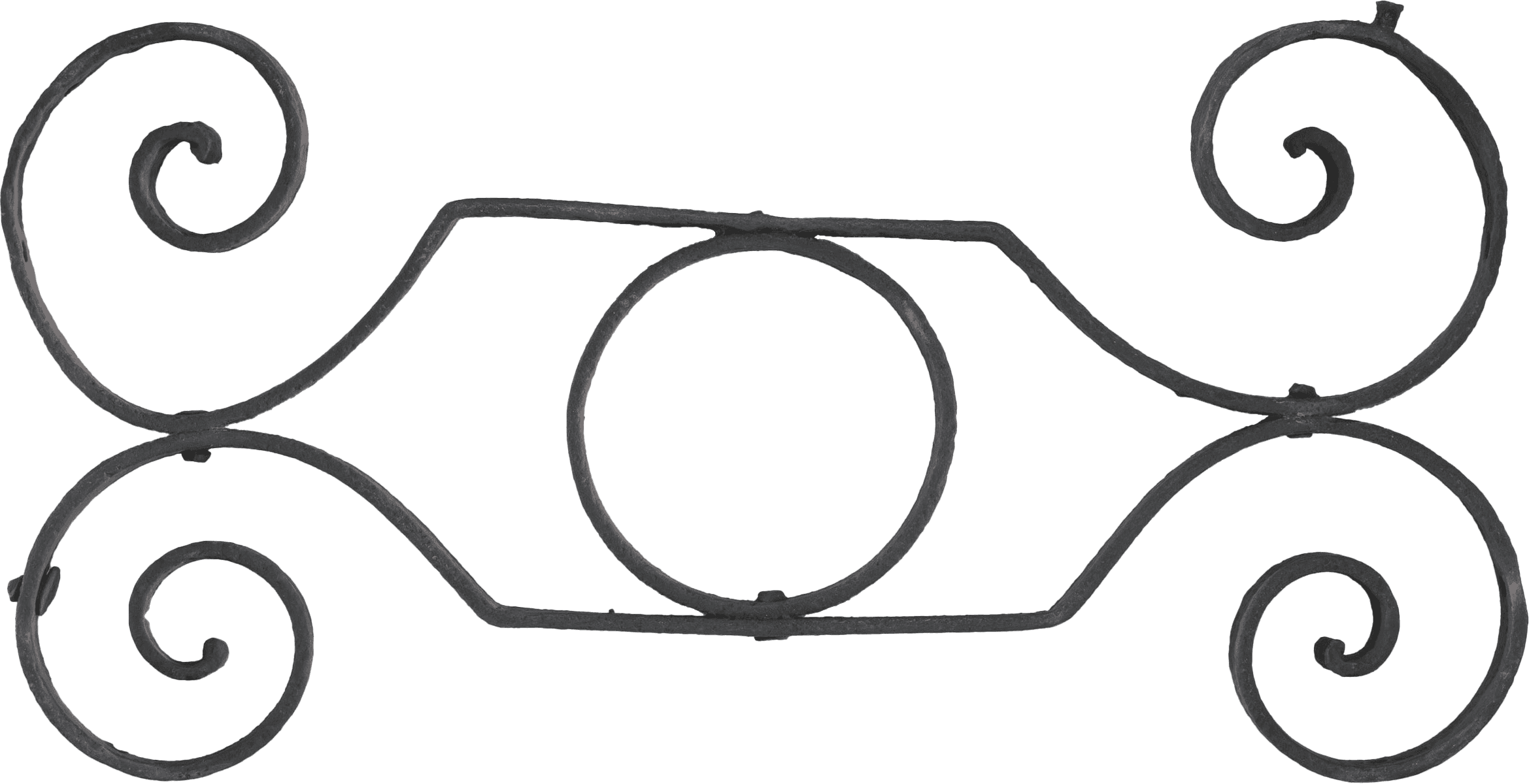 Dark brown wrought iron shaped swirls and a circle in the middle