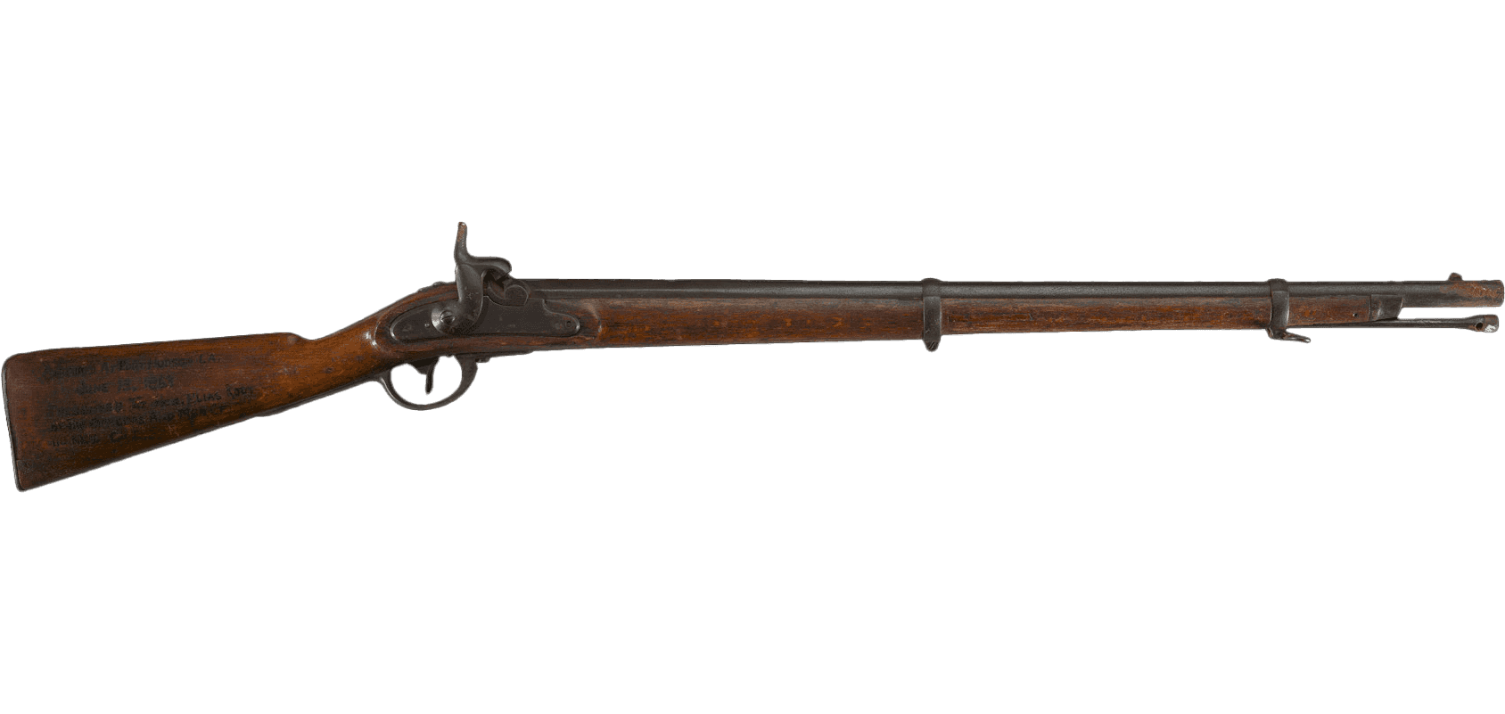 An Austrian Model 1854 .54 caliber Lorenz rifle constructed of primarily of a beech stock; steel barrel, breech ramrod; and brass butt plate and other fittings. The oxidized barrel features a front sight, stored ramrod, barrel bands, and shorted front stock. The proper left lock plate is missing. There are various markings throughout; the largest engraving was added post-manufacture and constitutes the entire proper right stock: [CAPTURED AT PORT HUDSON LA. / JUNE 13, 1863 / PRESENTED TO HON. ELIAS ROOT / BY THE OFFICERS AND MEN OF / 110 N.Y.V. Co I]. The proper right lock plate, parallel to the hammer, shows an engraving “860”. A “26” is painted in a square on the proper left of the stock. There is a long split in the stock’s wood from the butt, and areas of wood replacement closest to the butt, where an oxidized plate features the engraving of “C S” below a stock screw. An off-white auction tag identifying the rifle and lot number, is tied by string to the trigger guard.