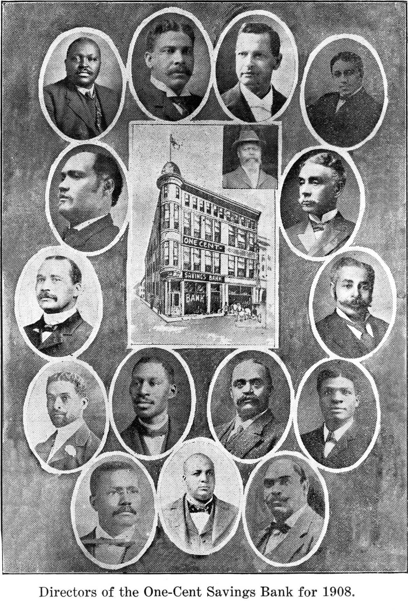 Composite of photographs showing the Board of Directors, One-Cent Savings Bank