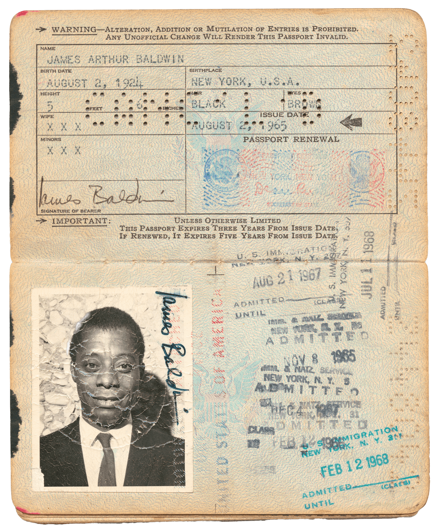 A United States passport issued to James Arthur Baldwin on August 2, 1965. Baldwin's photograph is in the lower left corner.