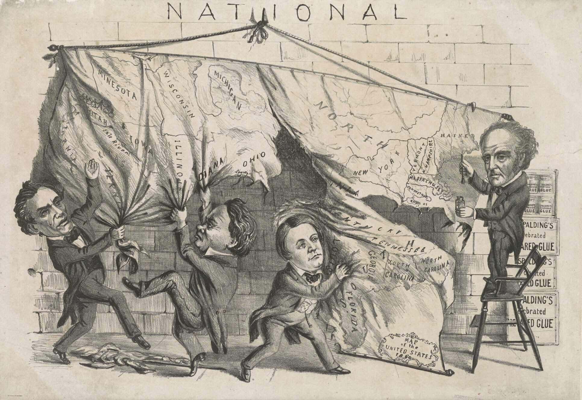 illustrated political cartoon showing politicians tearing a map apart