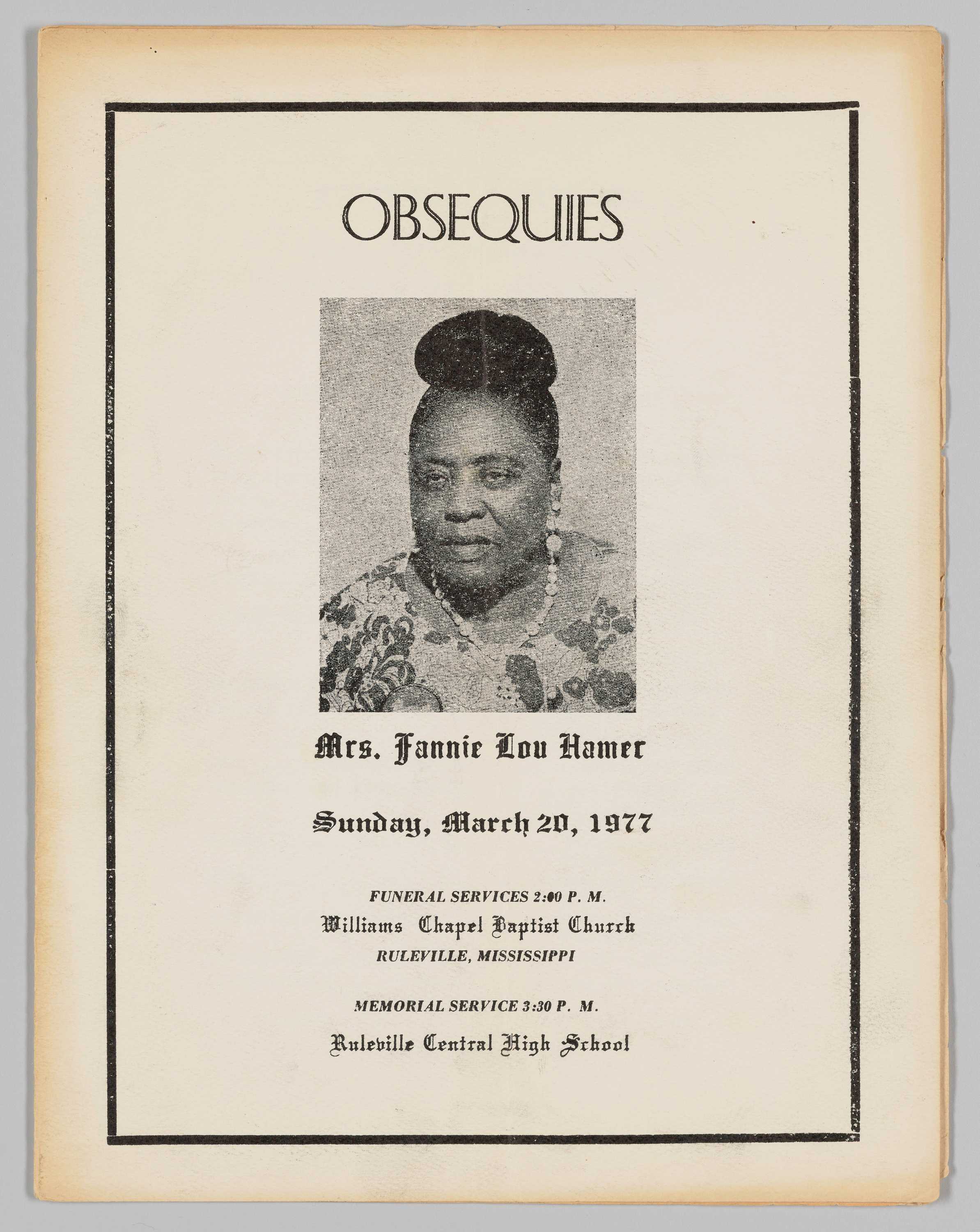 Image of funeral program for Fannie Lou Hamer featuring a photograph of her.