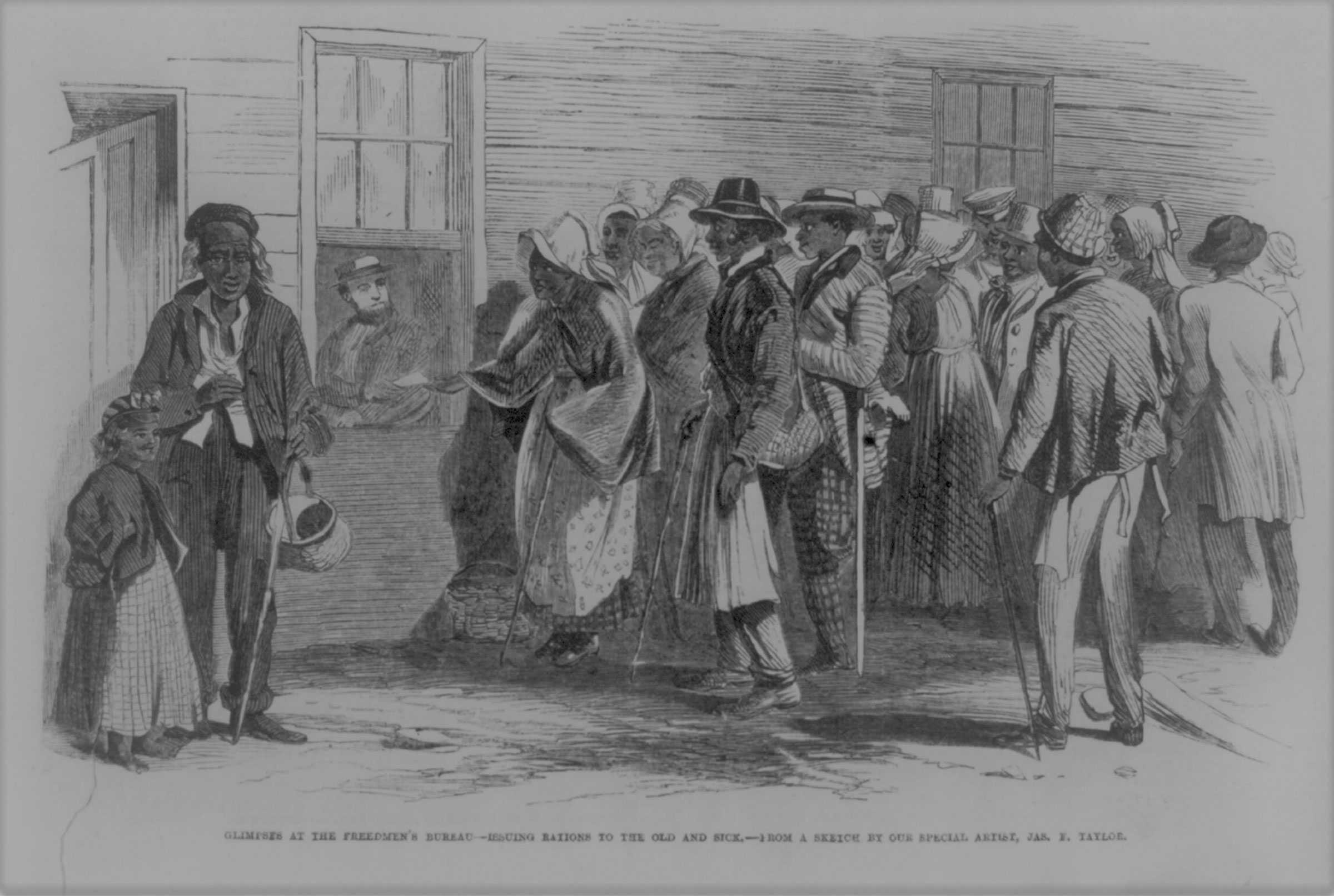 A drawing of a crowd of people standing outside the Freedmen's Bureau waiting to talk to a teller instead.