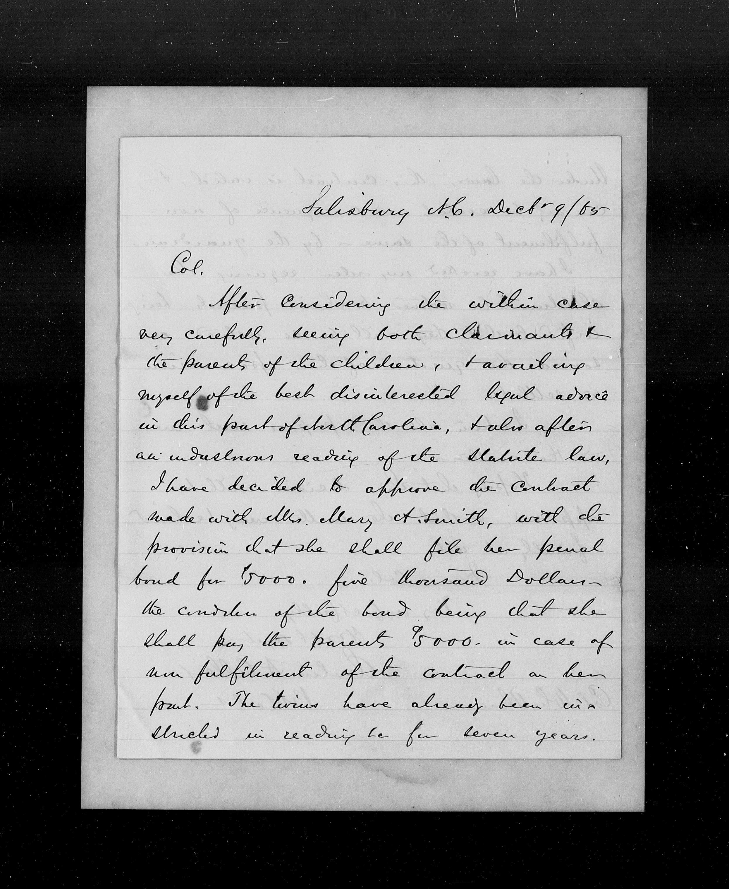 Image of handwritten letter from December 9, 1865