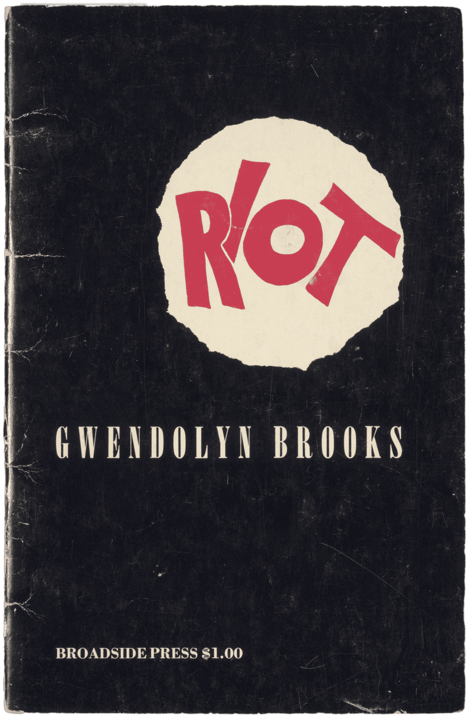 This is a paperback volume of poetry with black cover and the word "RIOT" in red san-serif typeface within a white irregular circle.
