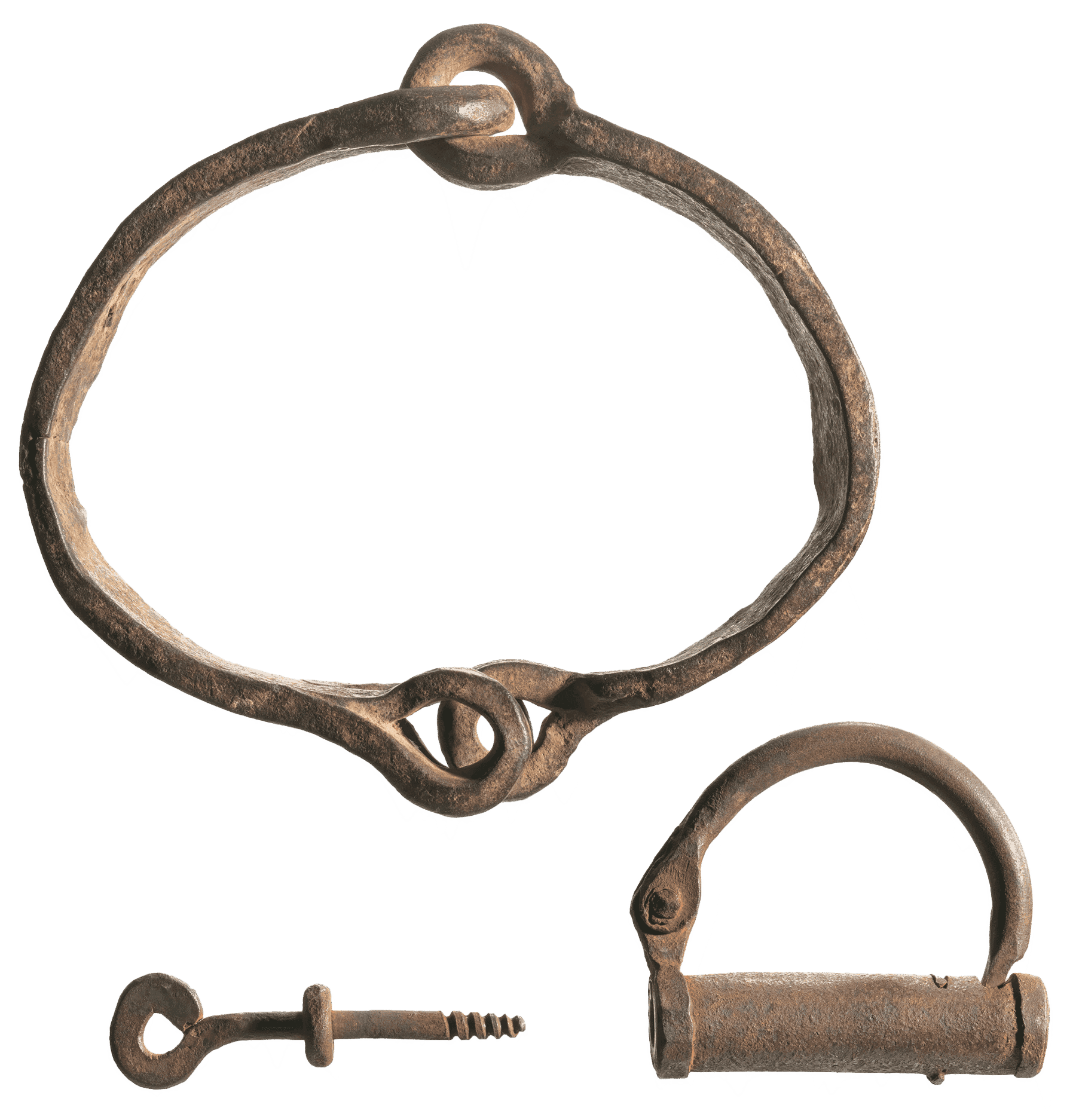Wrought iron collar with a three inch locking device and a three inch key. The collar is made up of two pieces of iron attached with a hinged, chain link back. Each end of the collar has an eyelet that can overlap and the lock can be inserted in to. The lock has a cylinder locking mechanism and a curved shackle hinged on one side. The key has an eyelet on one end and a shoulder in the middle of the shaft. The teeth of the key are threaded like a screw.