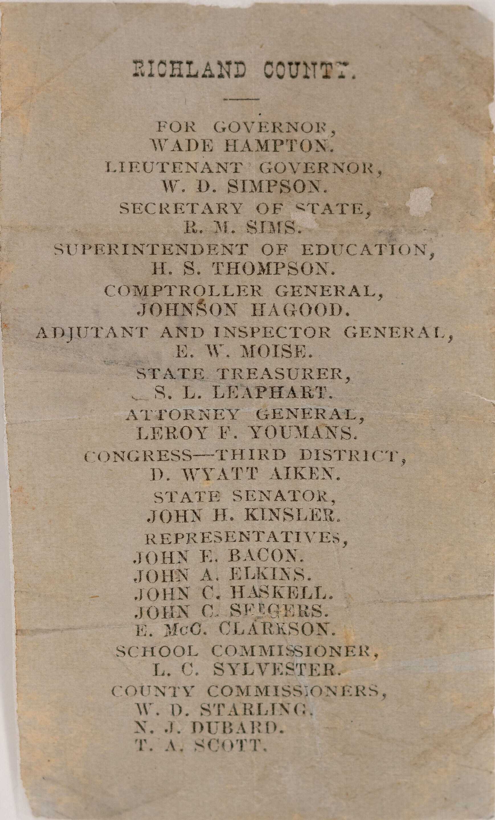 Paper ballot showing slate of candidates for "Richland County" (North Carolina)