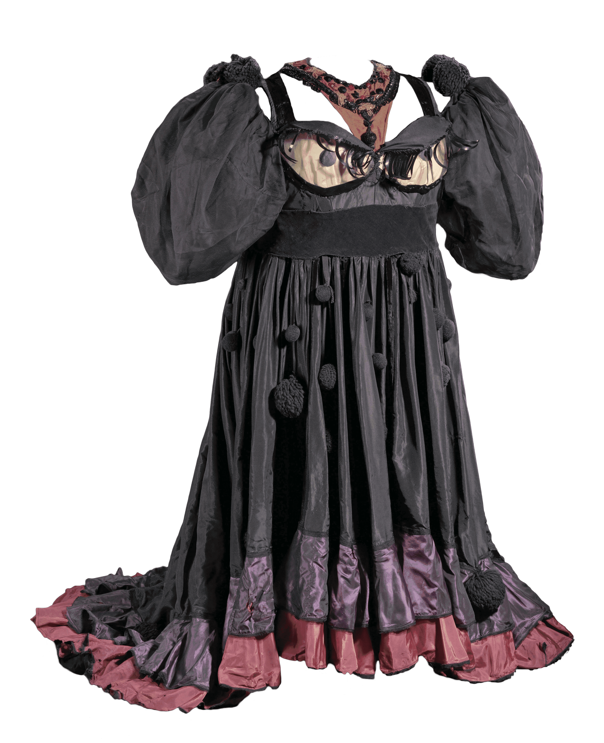 A large, floor length black costume gown with oversized puffy sleeves and petticoat for Evillene in The Wiz.
