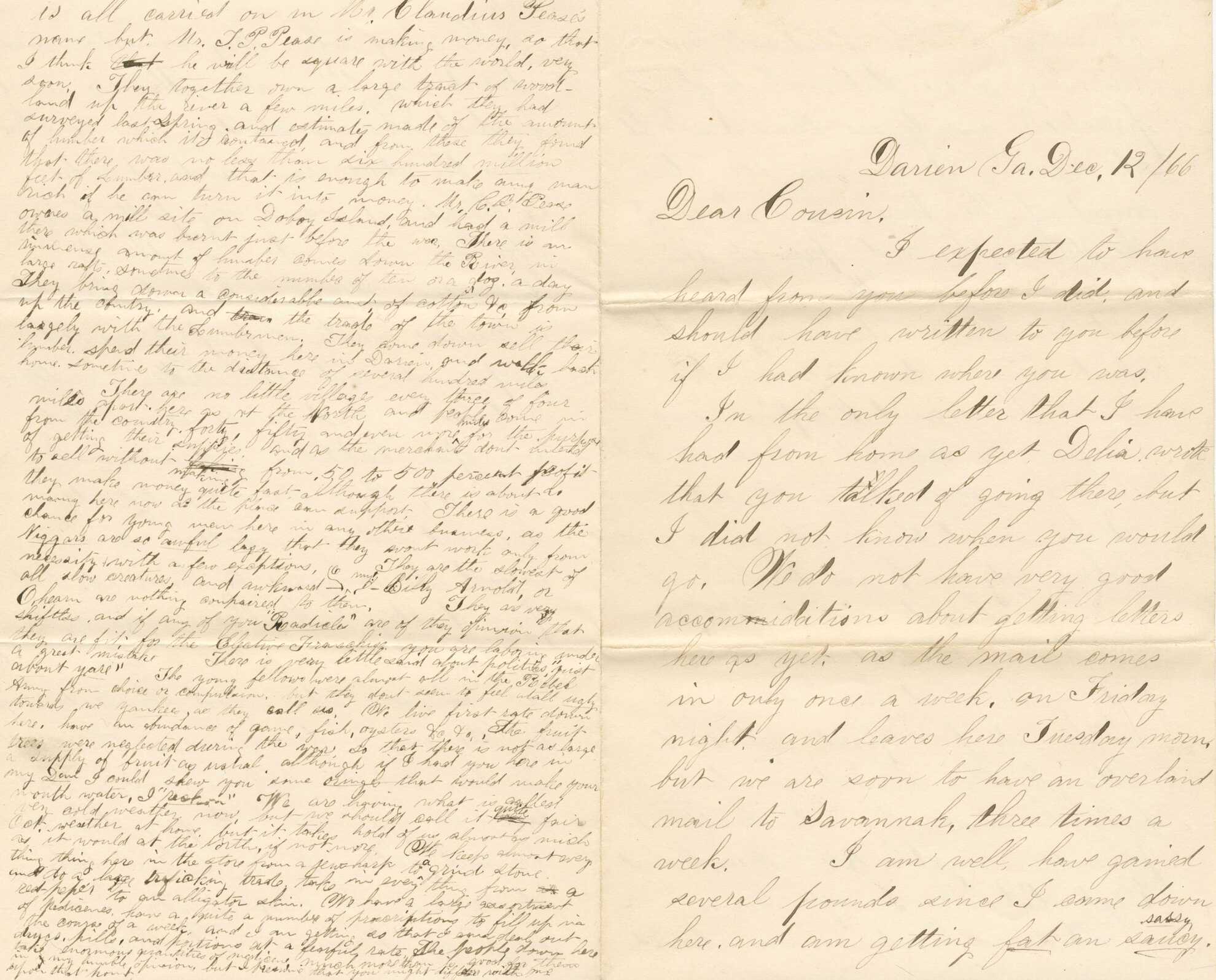 A handwritten letter concerning the actions of the 54th Massachusetts during the Civil War, written on both sides of a single sheet of paper, folded to form four pages. This letter is addressed to "cousin" but remains unsigned. The writer gives a brief description of his circumstances after his recent arrival in Darien, GA with his regiment, claiming he's gotten "fat and sassy" since joining the army. He discusses the actions of the 54th Massachusetts, U.S. Colored troops in the town, describing a scene of general destruction and absent town dwellers. The first three pages are written in a steady, consistent hand; the last page is written by the same author but in a very cramped, tiny script. Near the top of the center fold separating the pages is an embossed, slightly raised symbol of an American shield.