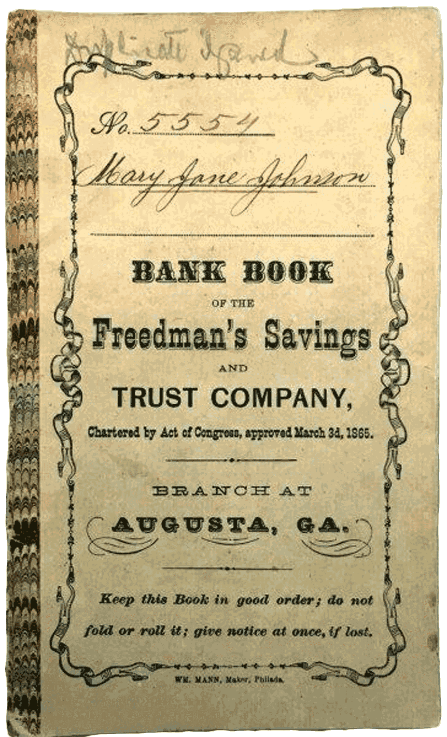 The front cover of Mary Jane Johnson’s bank book is signed and numbered 5554.