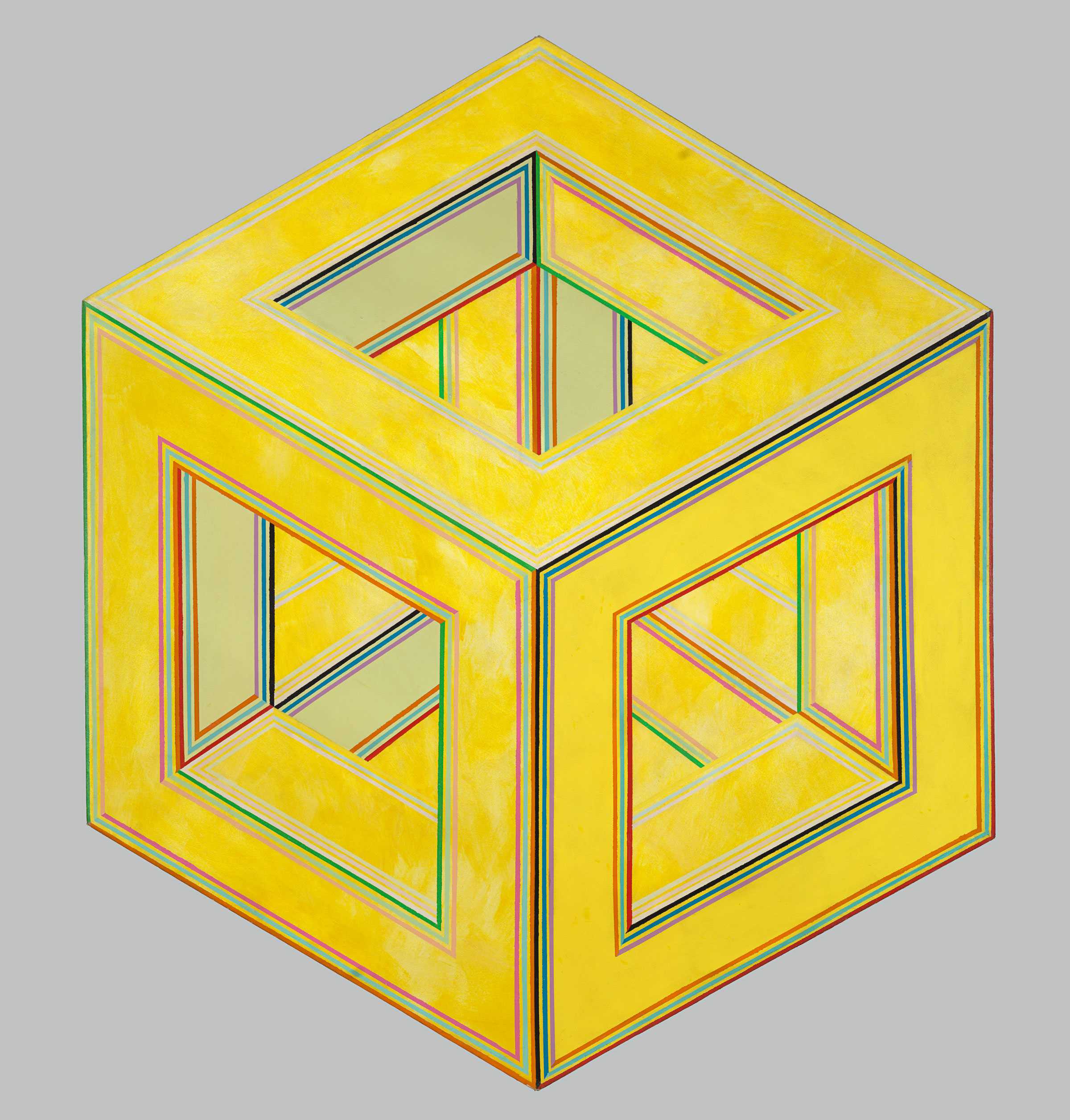 Illustration of a colorful, geometric cube with window-like openings, demonstrating optical illusion art.
