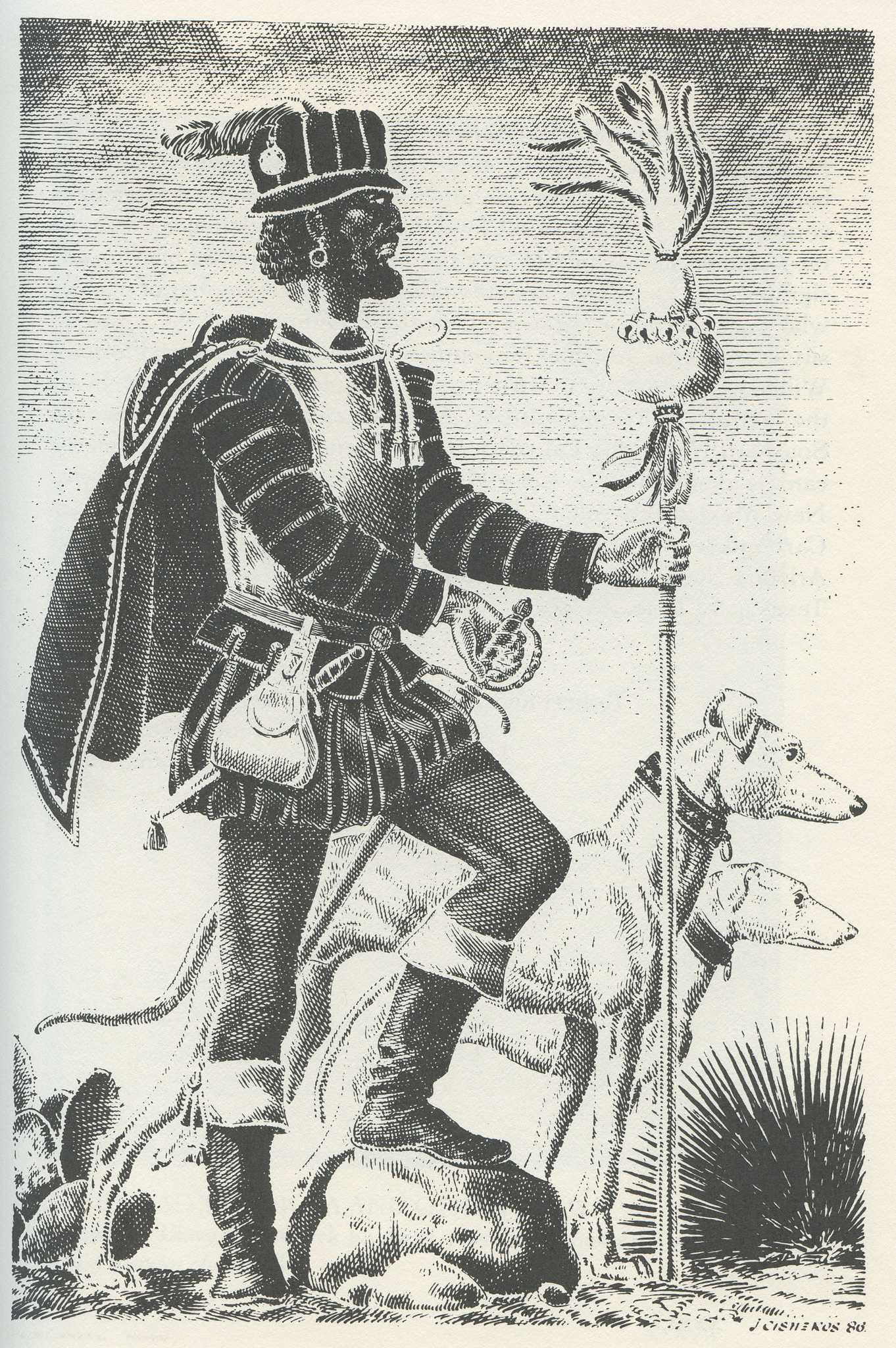 A black and white printed silhouette of Esteban de Dorantes looking out with a sceptre in hand.