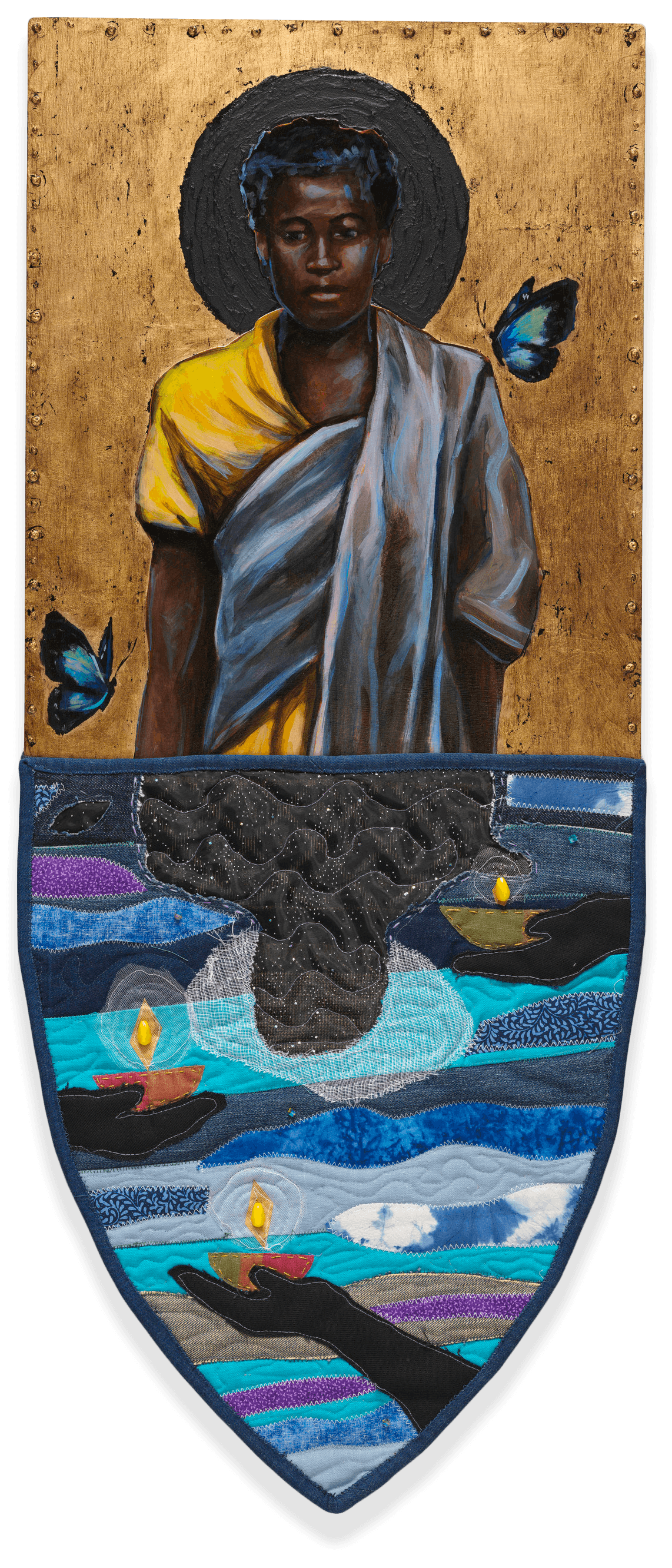 A mixed media piece of art by Stephen Towns that has a painting of a black woman looking slightly down above her reflection in the water.