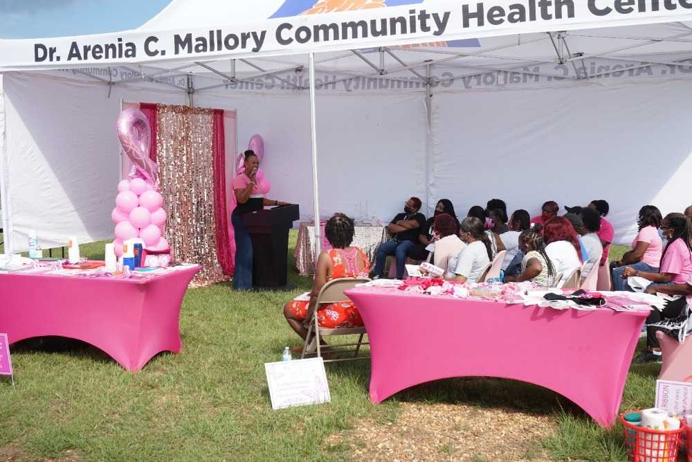 Photograph of participants gathered under tent for presentation