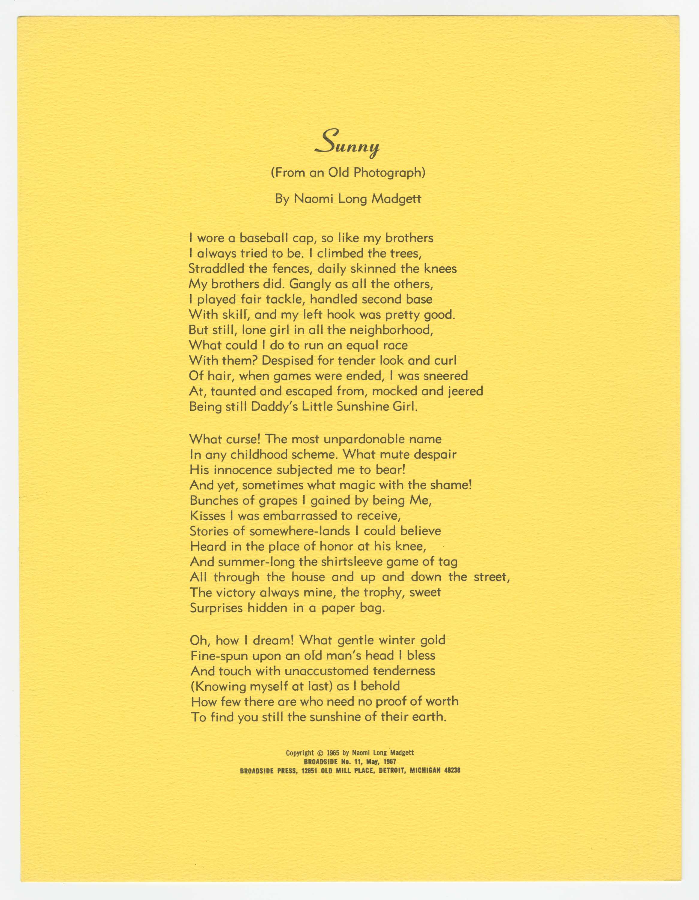 A poem titled Sunny: (From an Old Photograph) written by Naomi Long Madgett and published by Broadside Press as Broadside No. 11. The poem is on yellow textured paper and printed in black ink.