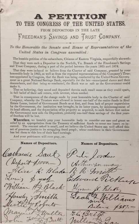 A petition to Congress from a group of depositors who held accounts at the Norfolk, Virginia. The first half is the typed petition stating their claims with about 15 signatures at the bottom.
