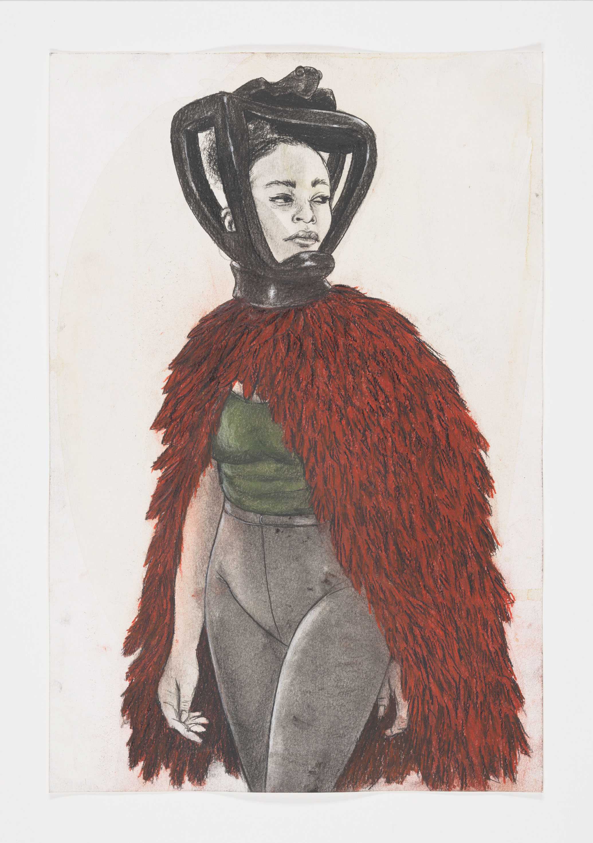 Illustration of a person wearing a red feathered cape and a helmet-like headpiece.