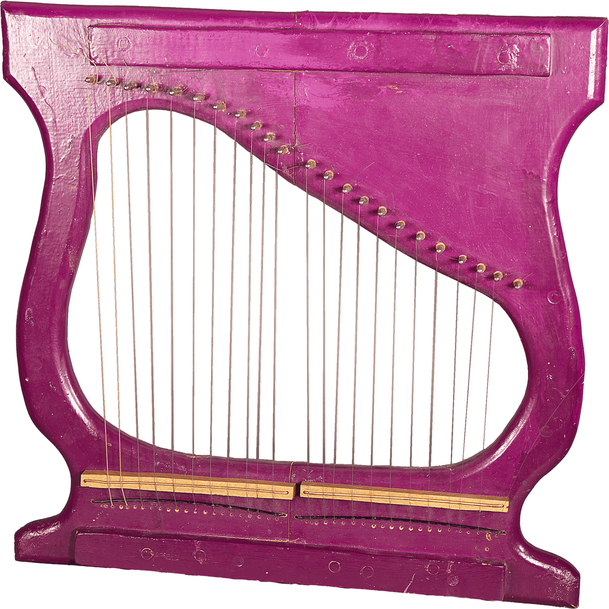 A vibrant pink harp has about 20 plus strings. It sits in front of a plain background.