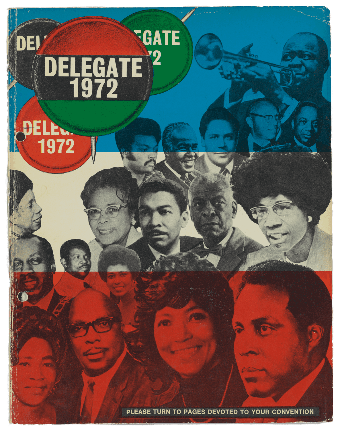 The Delegates of 1972 features many black figures, collaged together under a red, white, and blue overlay.