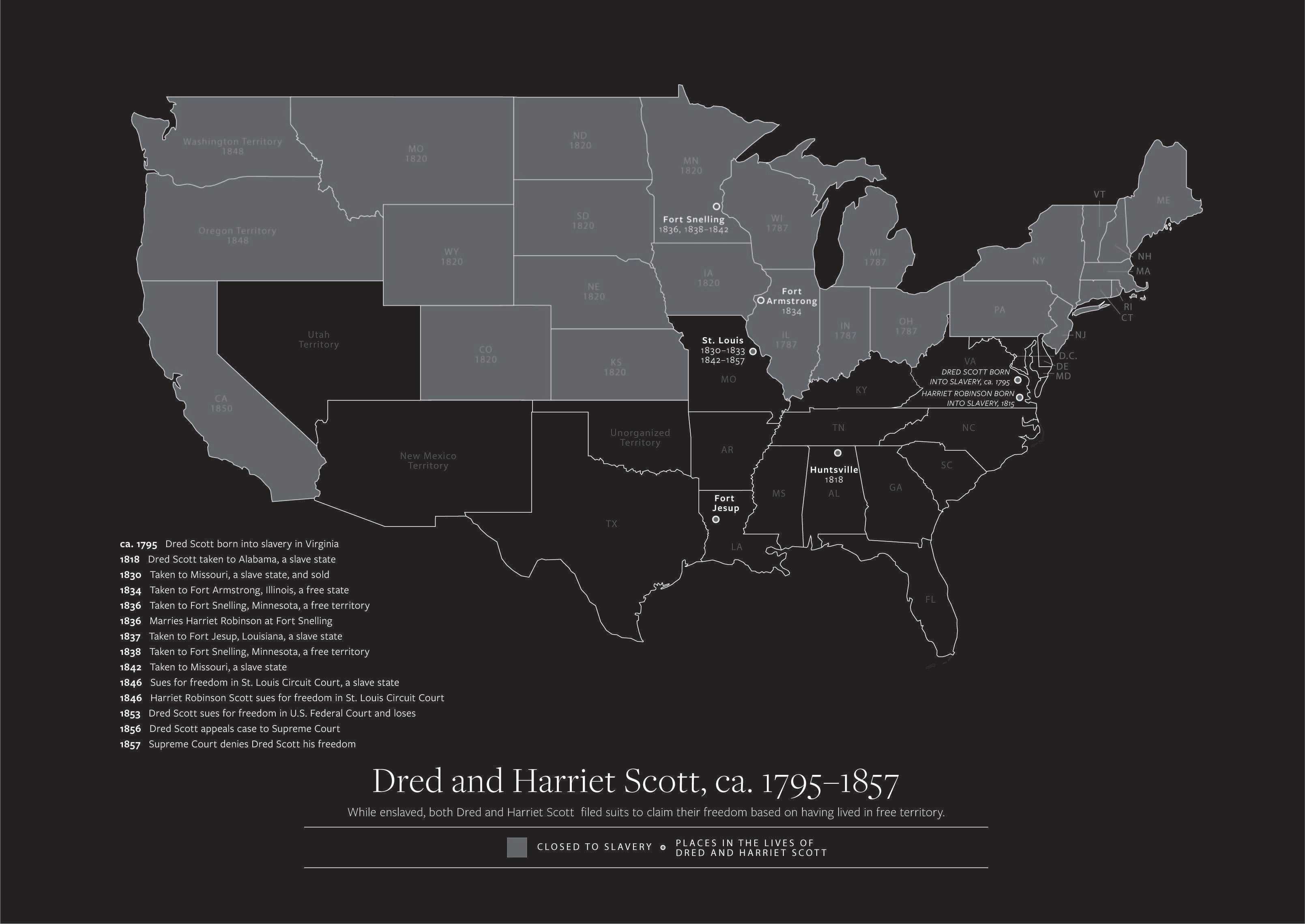 Map of the nation showing where Dred and Harriet Scott filed suits for freedom