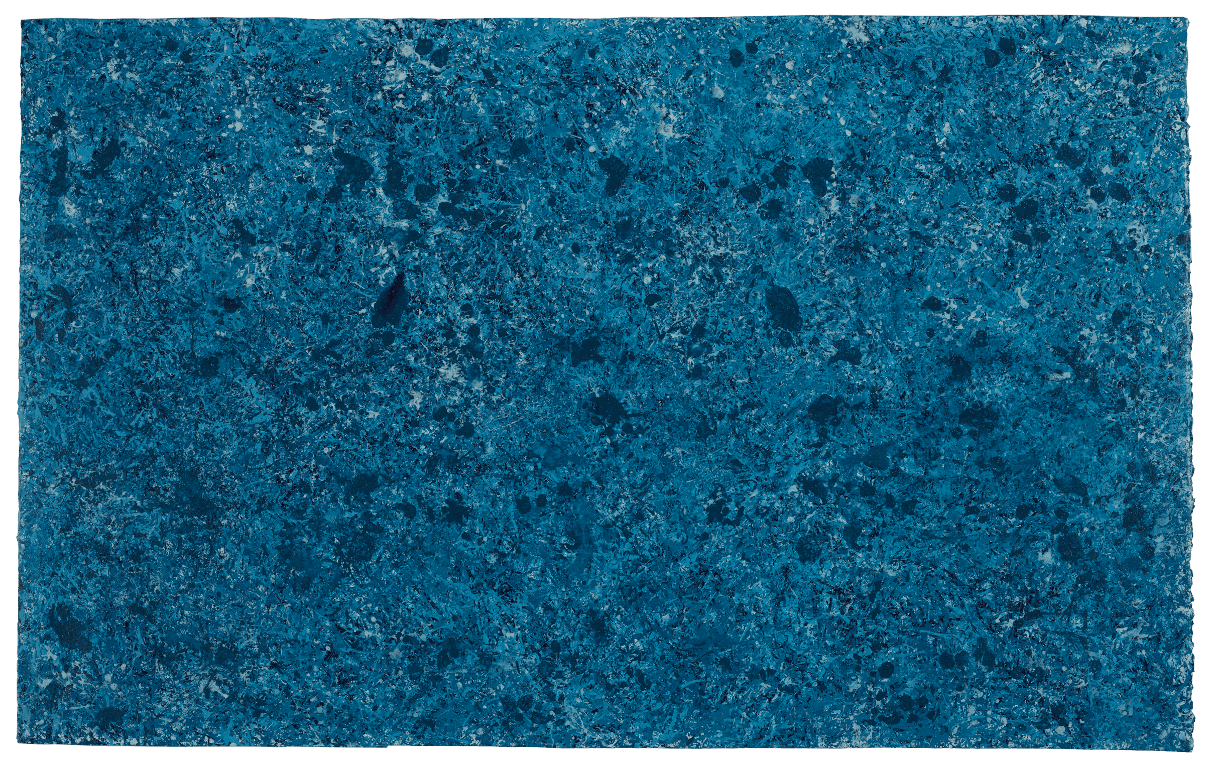 Abstract painting with a textured surface in various shades of blue, featuring a speckled and mottled pattern.
