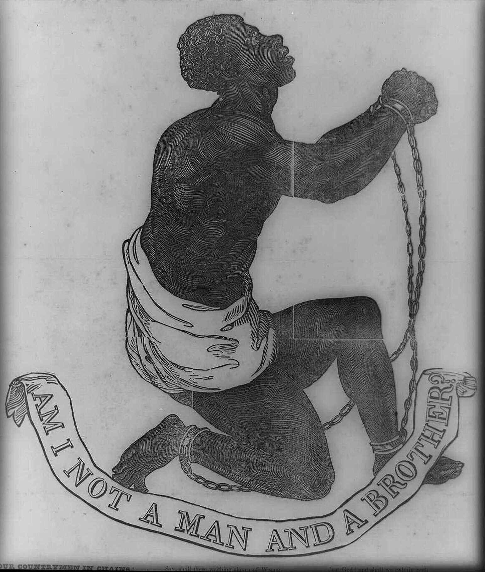 Black and white illustration of a kneeling, African American slave in chains.