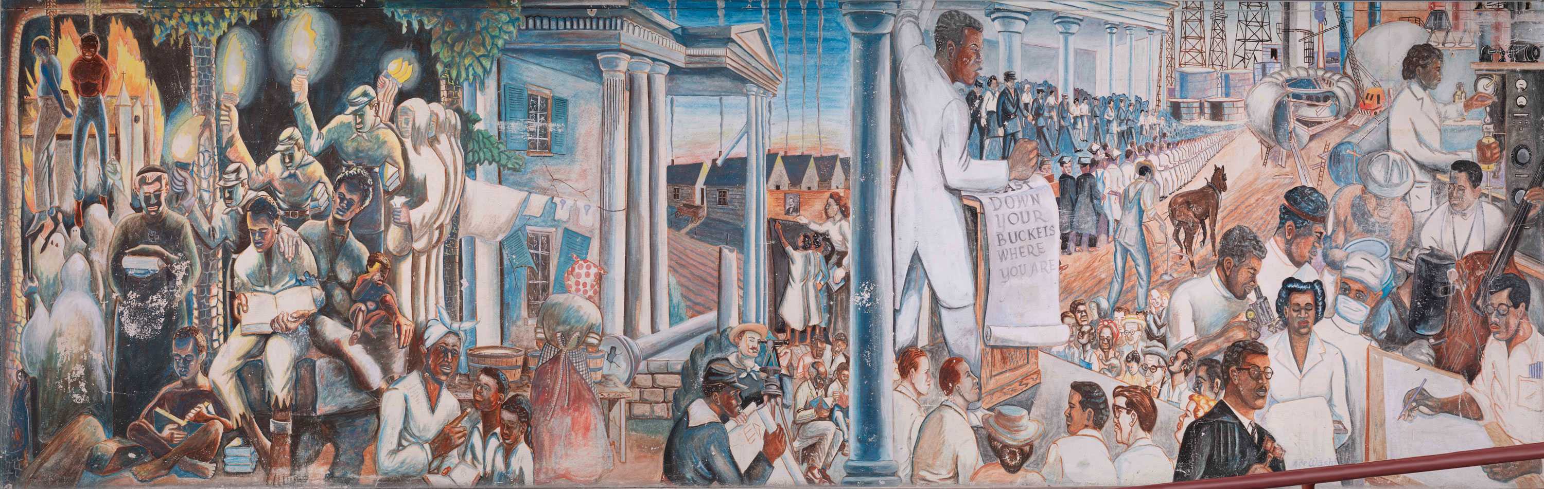 Mural depicting a historical journey from slavery to industrial progress and education, with scenes of protests and scientific endeavors.