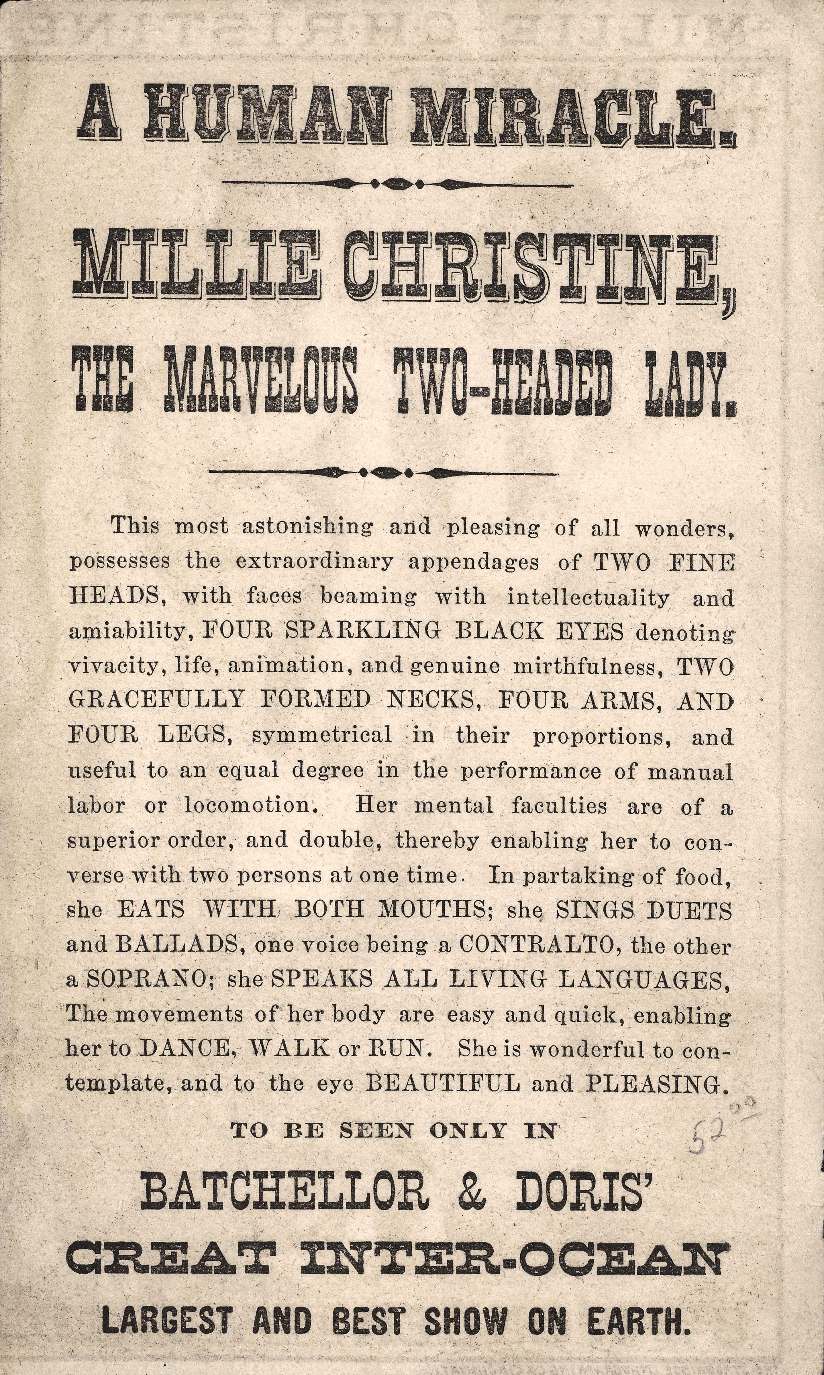 Image of typed advertisement for Millie Christine