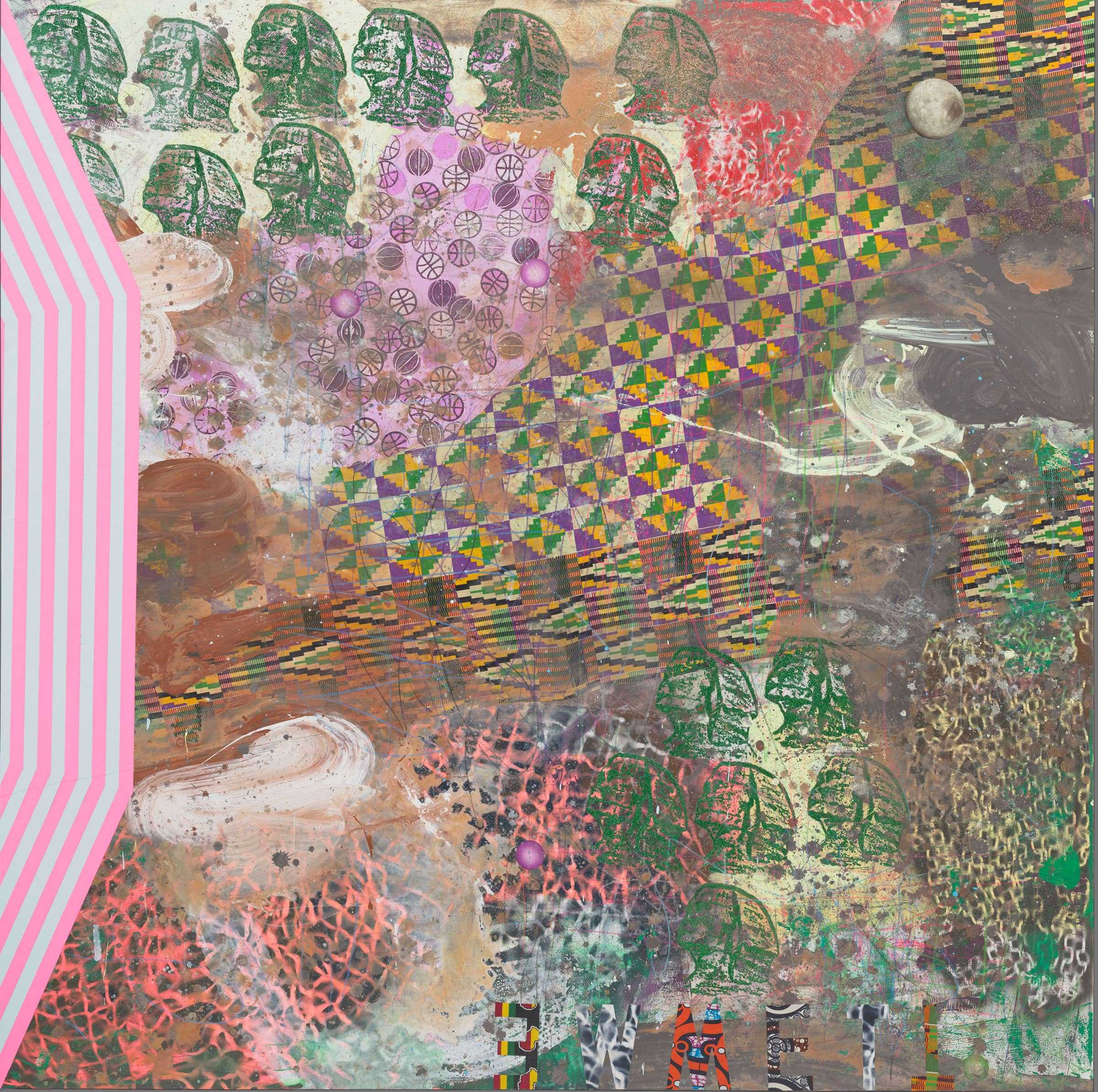 Abstract mixed-media artwork with colorful geometric patterns, textured layers, and green face motifs on a vibrant, complex background.