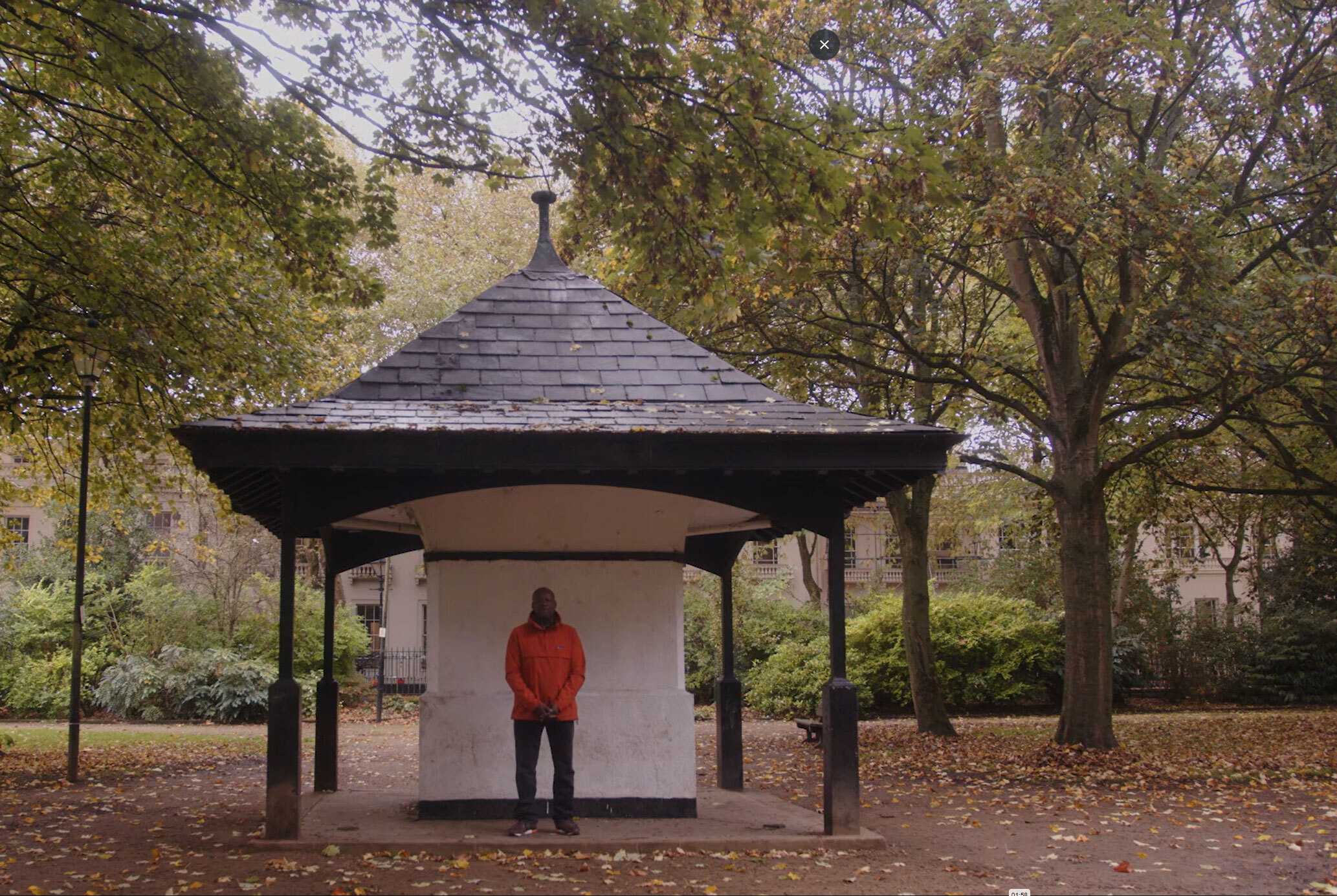 Person in a red jacket standing beneath a small pavilion in a tree-filled park with autumn leaves on the ground.