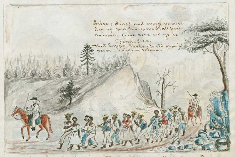 Painting of  showing enslaved people being coraled by overseers.
