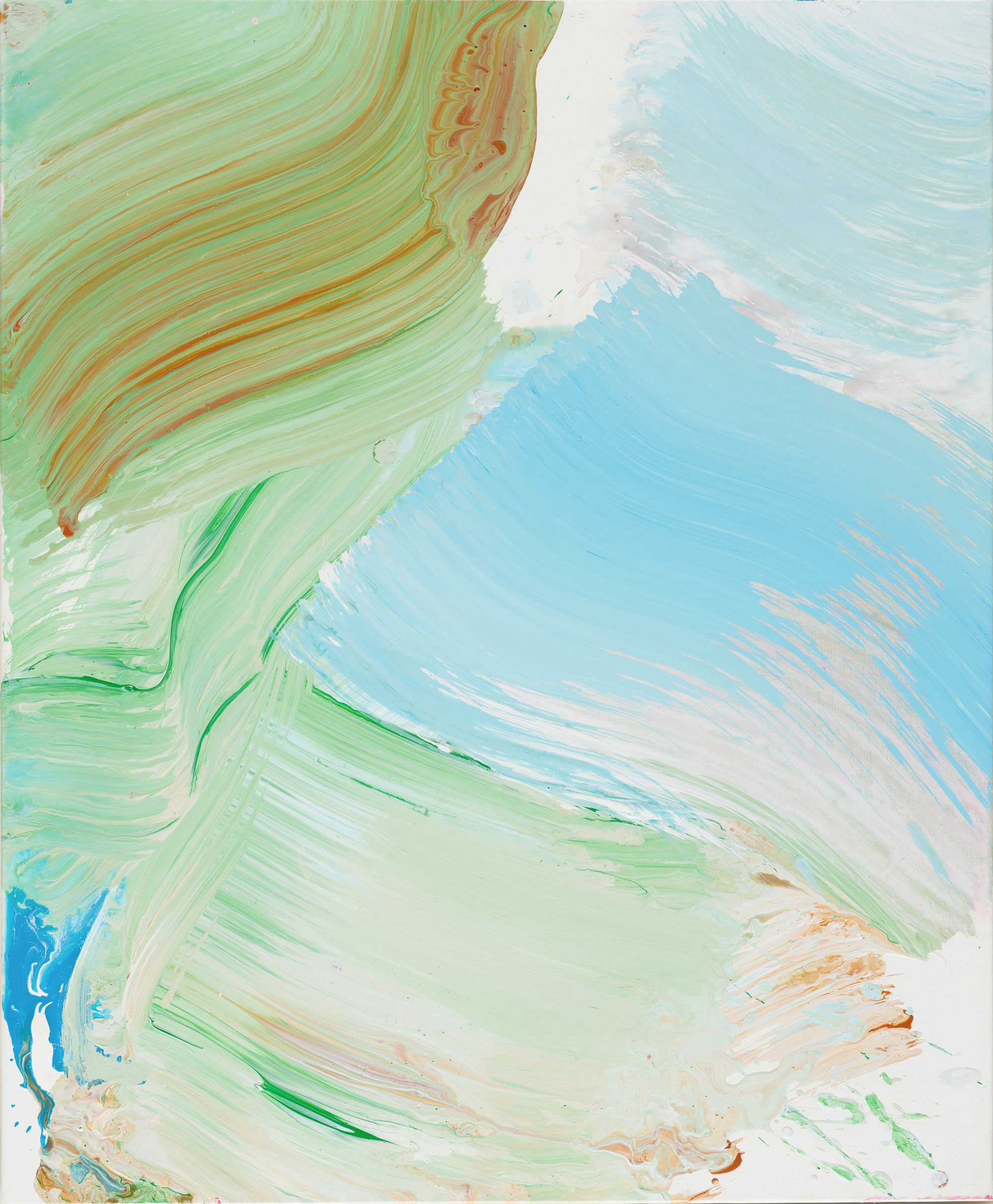 Abstract painting with broad, swirling strokes in green, brown, and blue, creating a sense of motion and blending colors.