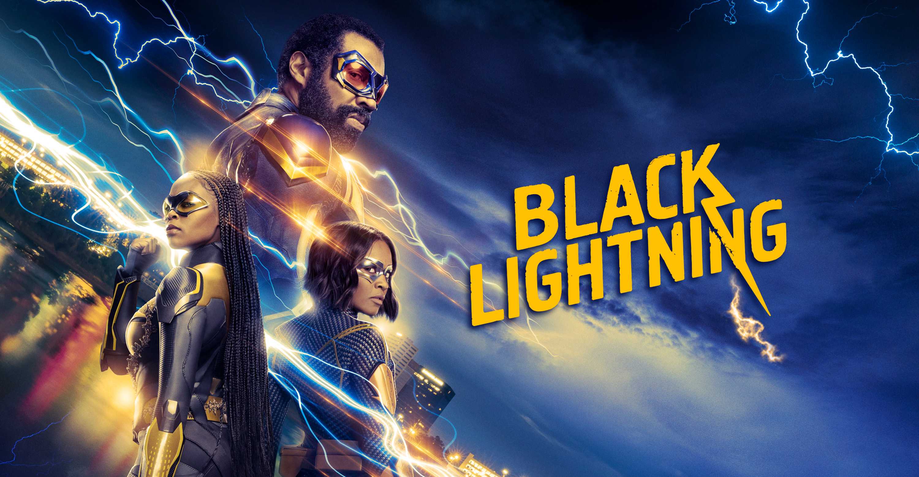 A TV poster for the series Black Lightning with three characters dressed in superhero suits overlay against a dark blue sky.