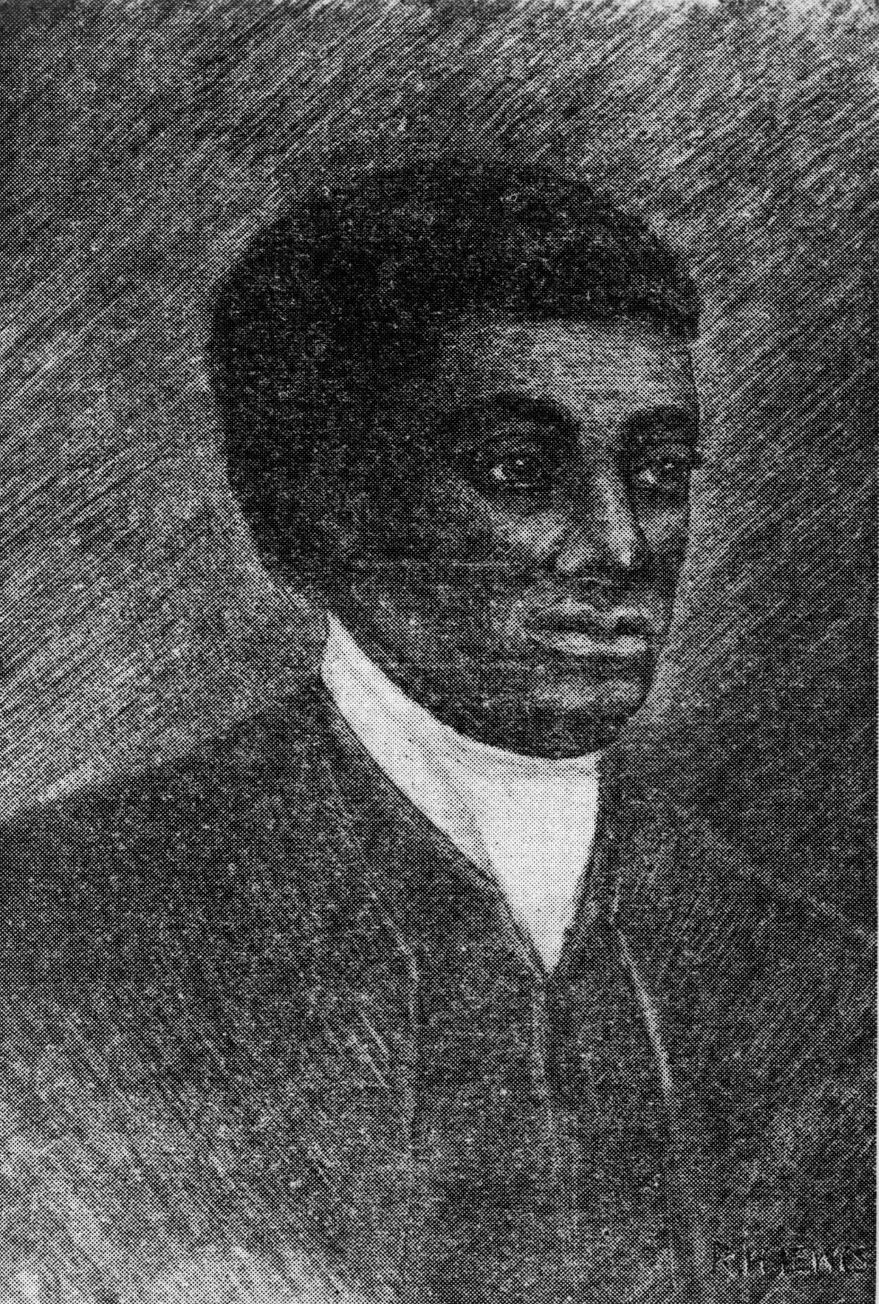 A hand drawn black and white portrait of Benjamin Banneker.