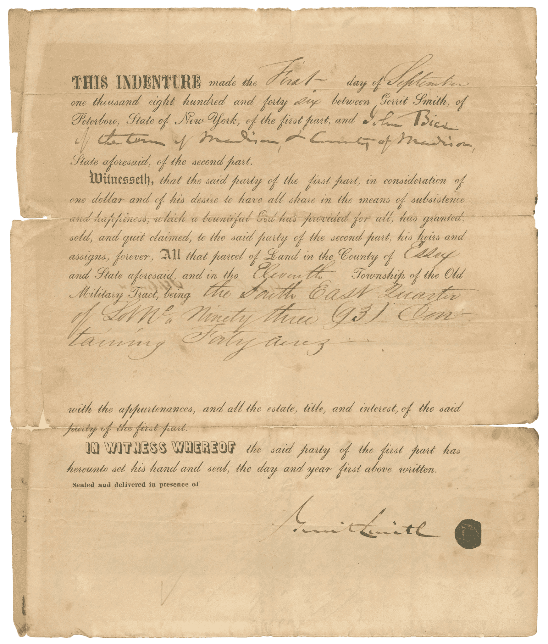 Image of handwritten Land Indenture document