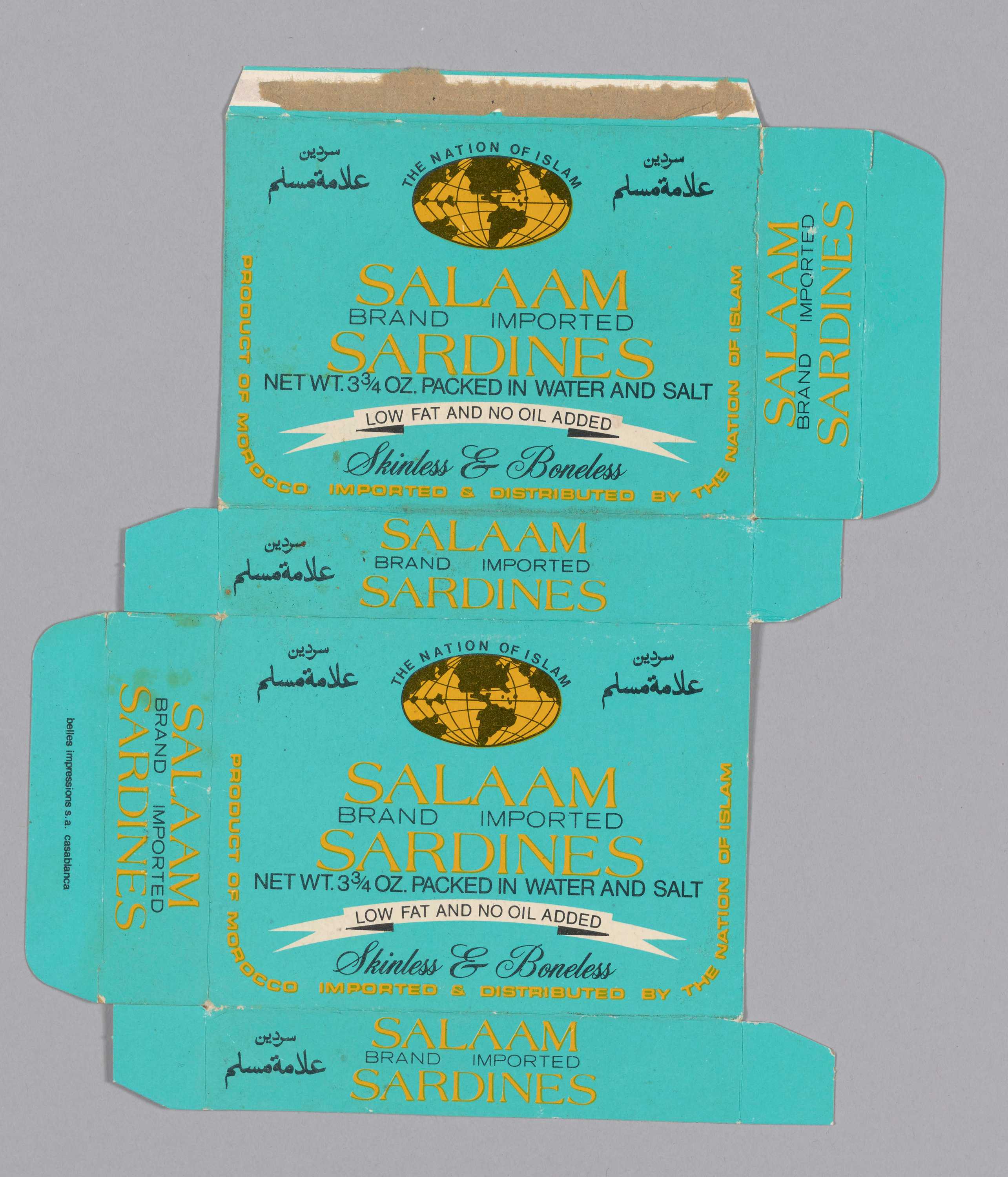 Packaging for sardines imported and distributed by Salaam International, a division of the Nation of Islam.