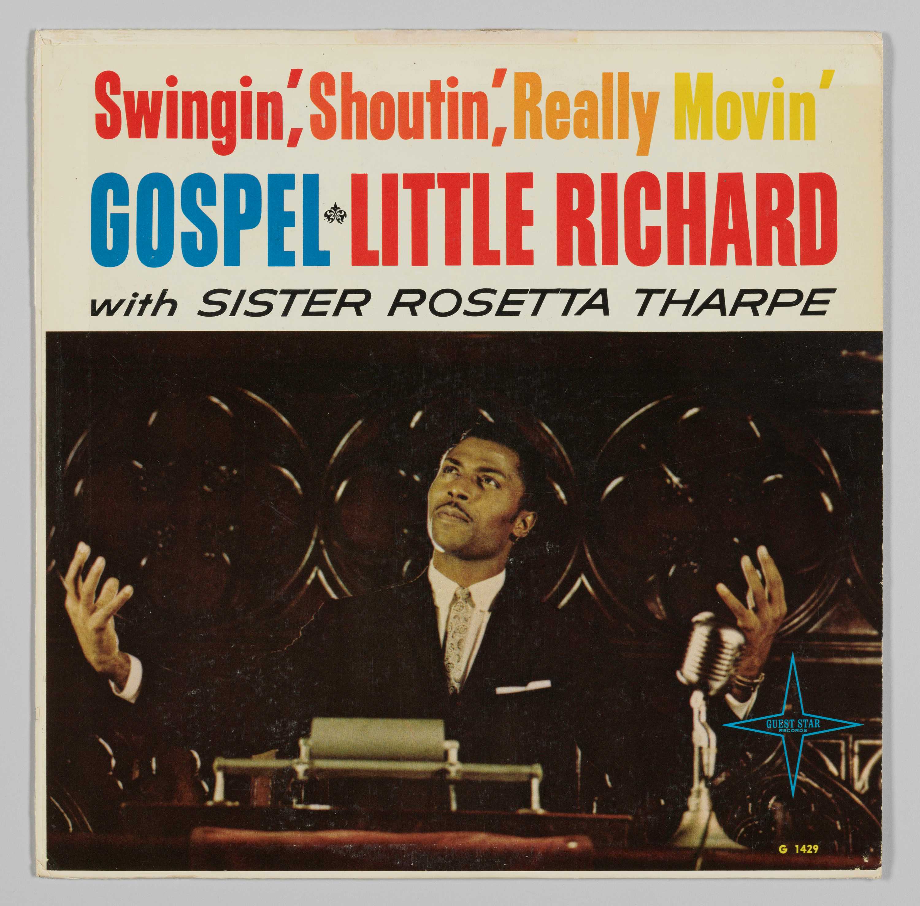 Image of the album jacket for Little Richard and Sister Rosetta Tharpe, Swingin', Shoutin', Really Movin' Gospel, Guest Star Records.
