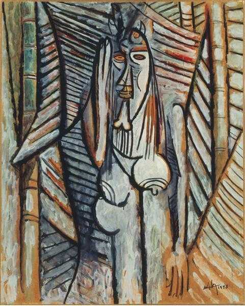 Abstract, cubist-style painting of a human figure with elongated, geometric features and mask-like face, rendered in muted tones of gray, brown, and black, set against a background of intersecting lines and shapes resembling bamboo or wooden slats.
