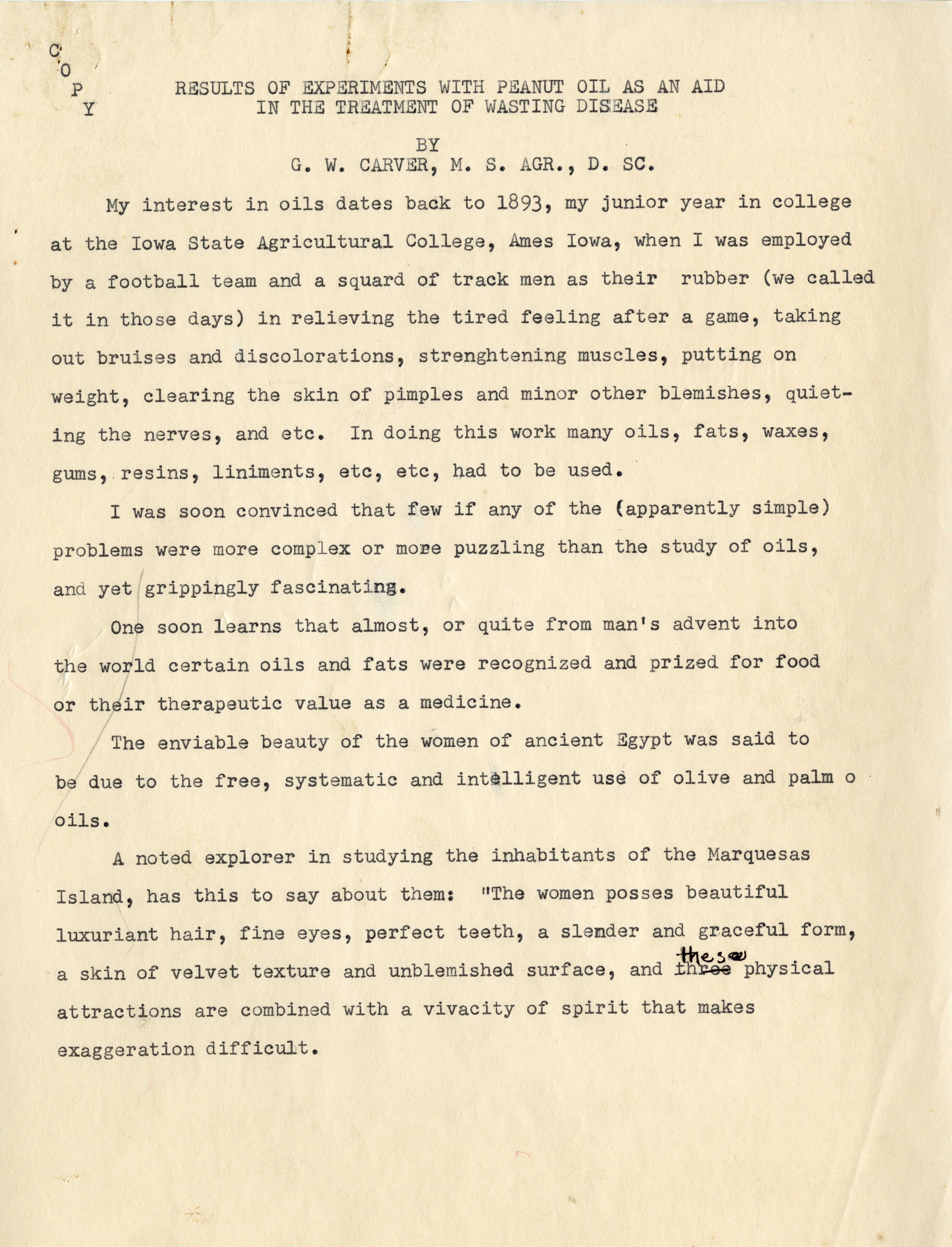Typewritten document by George Washington Carver on the Results of his experiments with peanut oil.